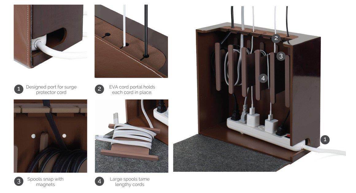 G.U.S. Cord Corral and Cable Organizer with 6-Magnetically Secured Cord Spindles -"Rustic Modern" Collection, Made of MDF and Brown Leatherette
