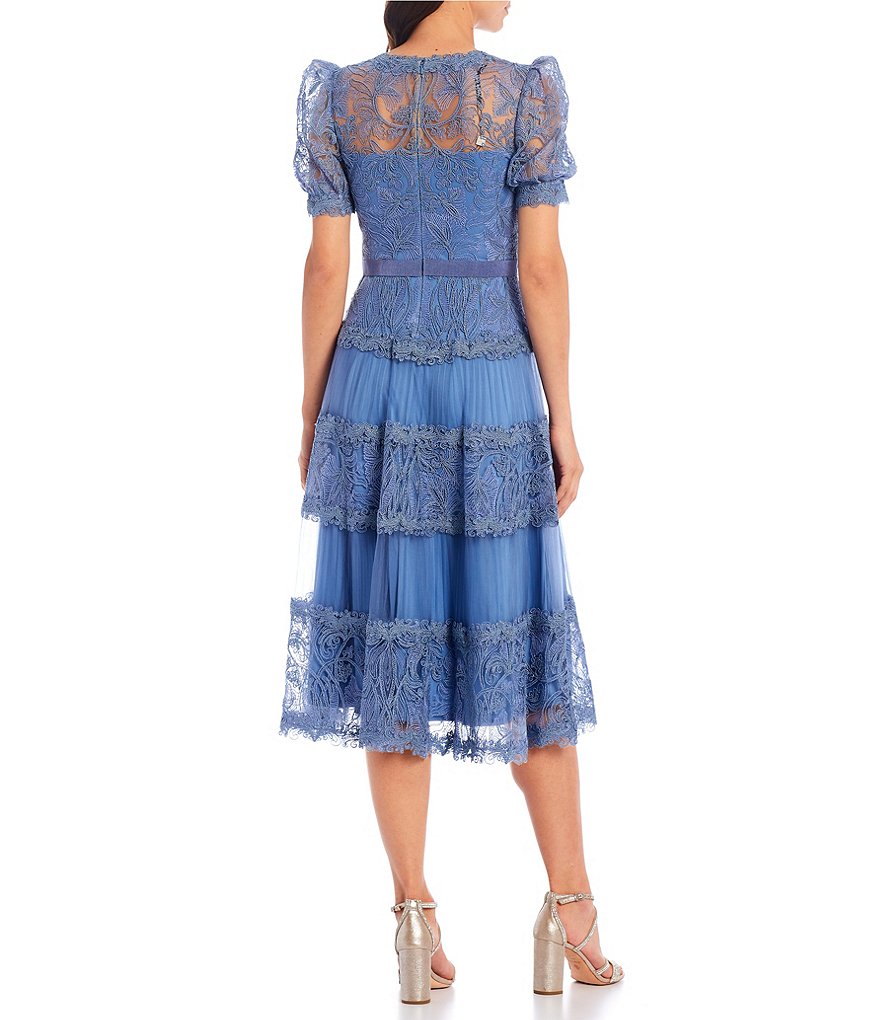 Tadashi Shoji V-Neck Short Puff Sleeve Embroidered Lace Pleated Midi Dress