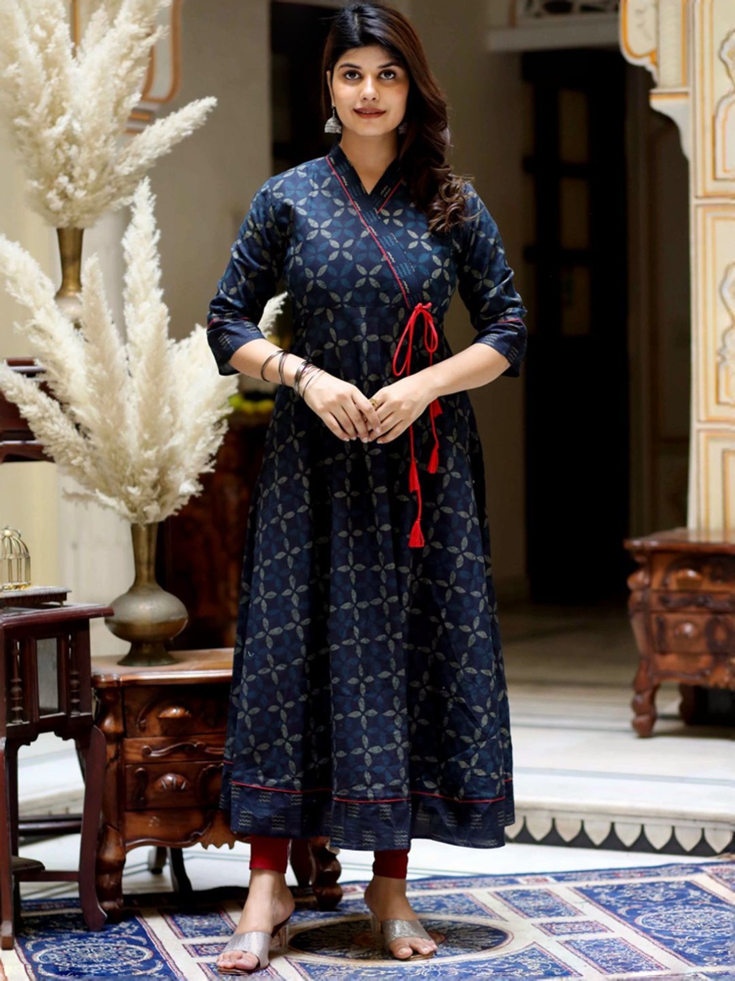 Miravan Blue Cotton Angrakha Printed Kurta