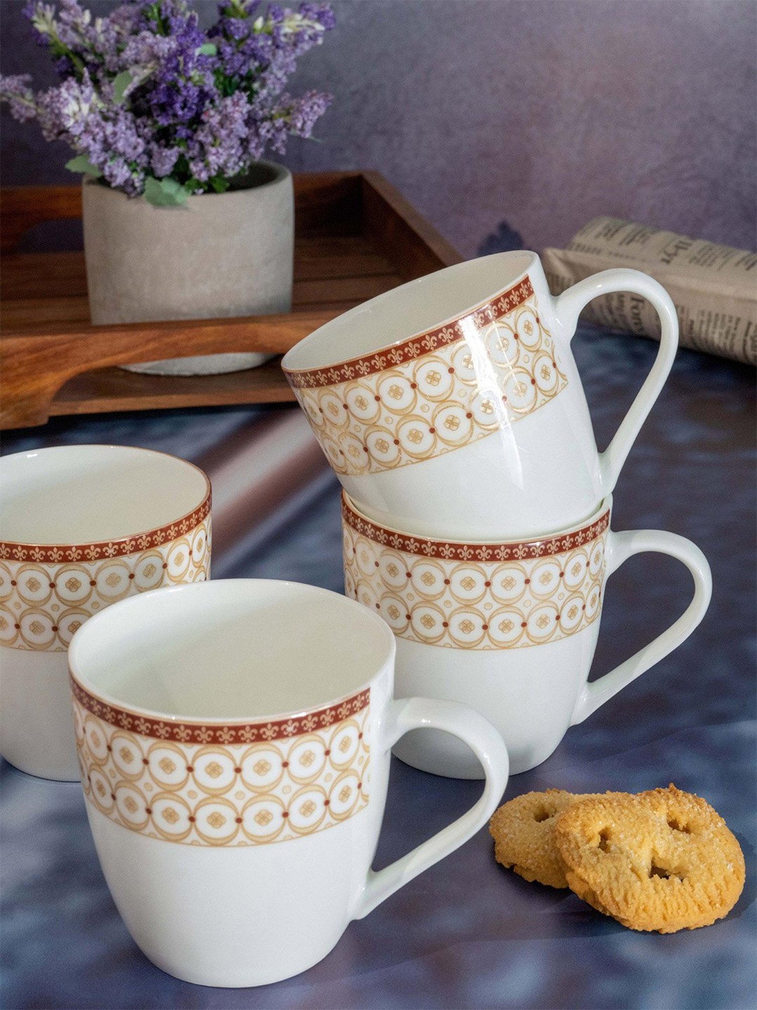 SONAKI Printed White Bone China Coffee Mug - Set of 6 (180ml)