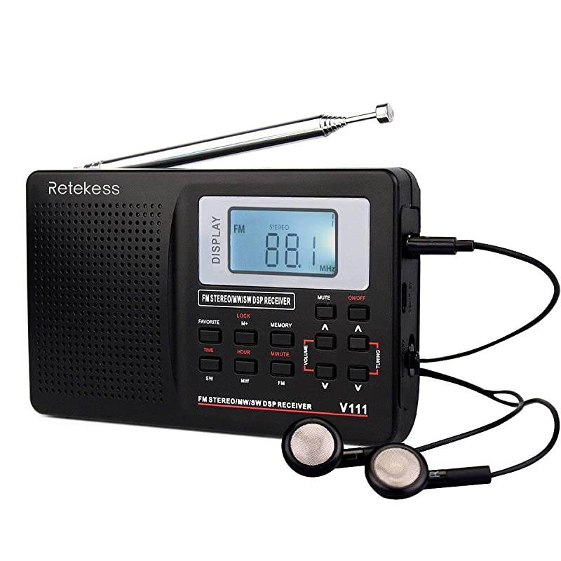 V111 Portable AM FM Shortwave Radio Alarm Clock Battery Operated AA Battery with Earphones Jack Sleep Timer for TravelBlack