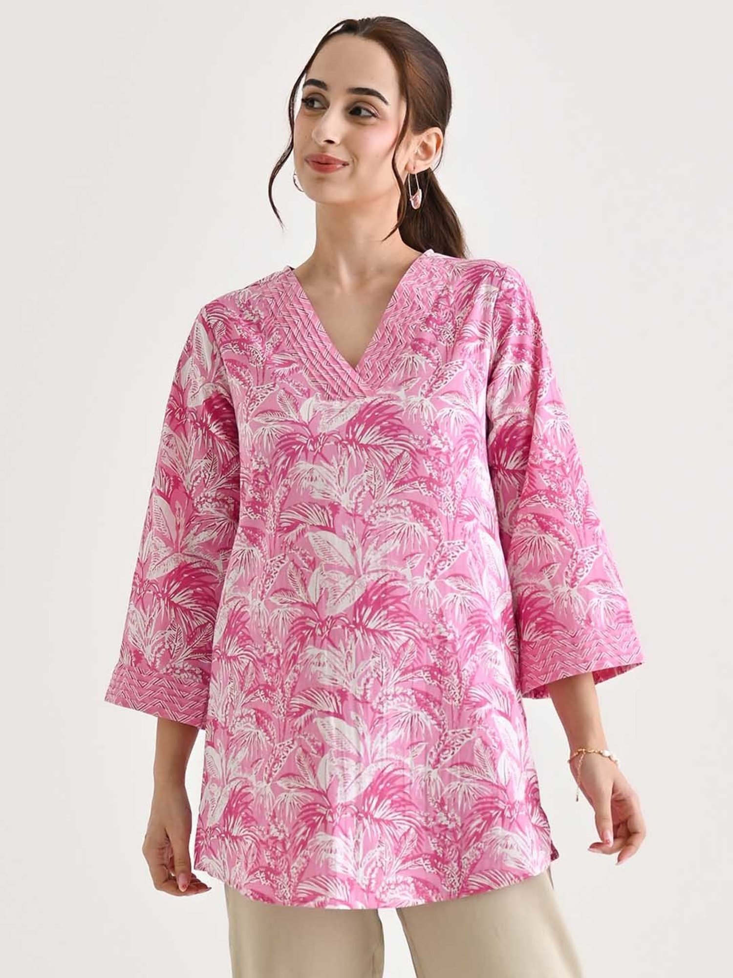 Rustorange Pink Cotton Printed A Line Short Kurti