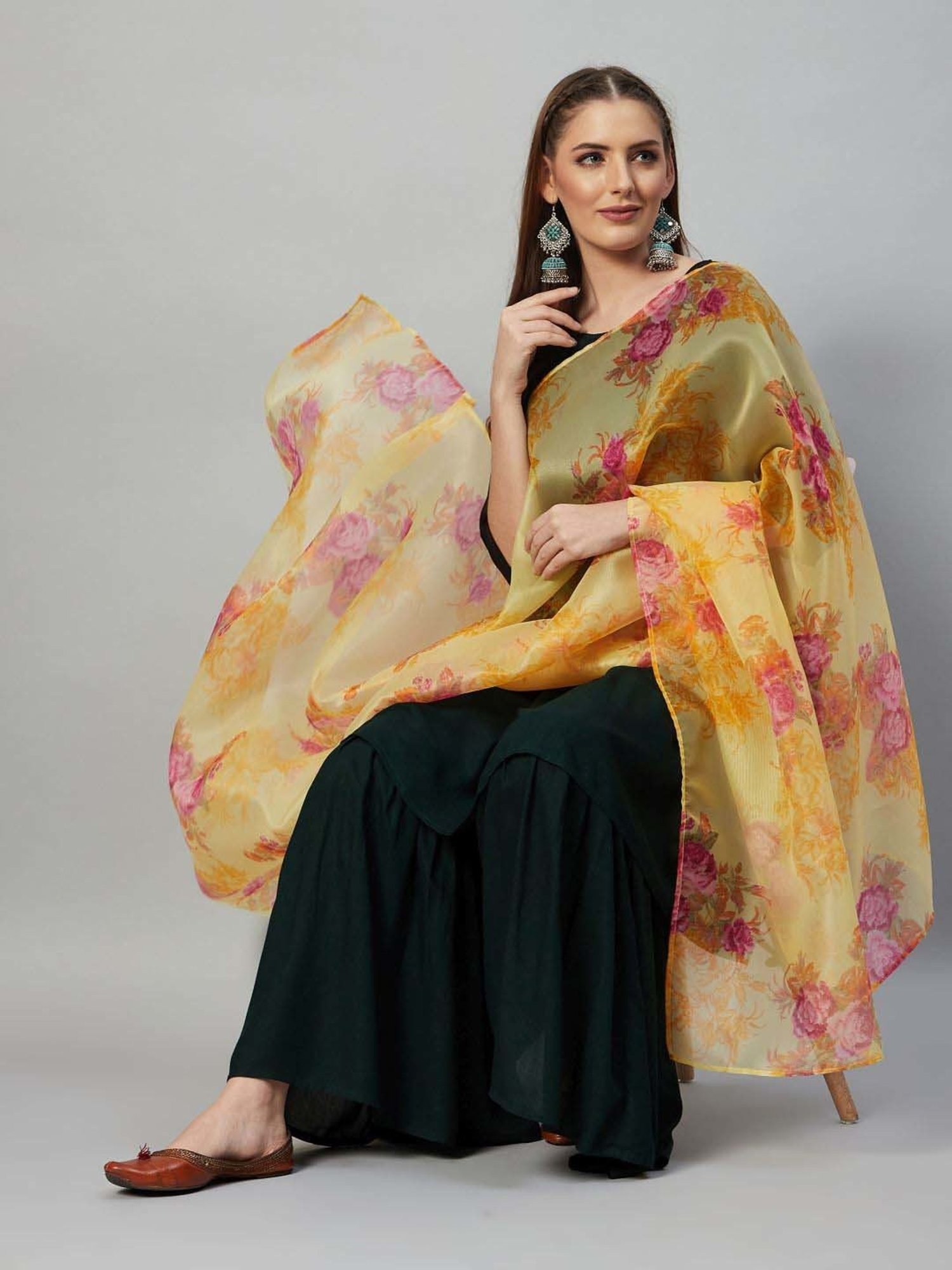 Inweave Yellow Floral Print Dupatta