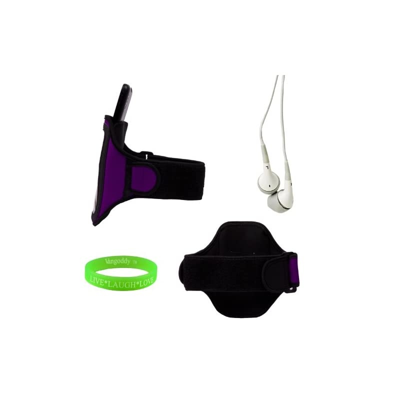 OEM VG Brand Purple Armband with Sweat Resistant Lining and Unique Key Pocket for Samsung Ativs Smart Phone + Compatible Black 3.5mm Jack Earbud Earphones + VanGoddy Wrist Band