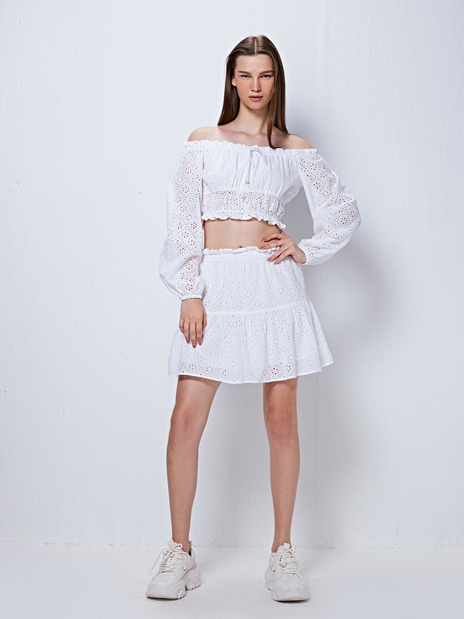 Cover Story White Self Design Mini Skirt