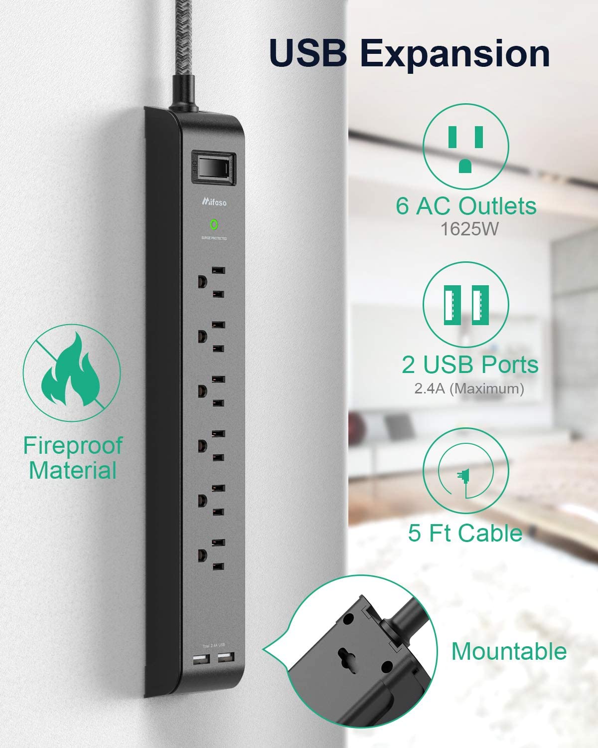 2 Pack Surge Protector Power Strip with 6 Outlets 2 USB Ports 5-Foot Long Heavy-Duty Braided Extension Cords Flat Plug 900 Joules 15A Circuit Breaker Wall Mount for Home Office