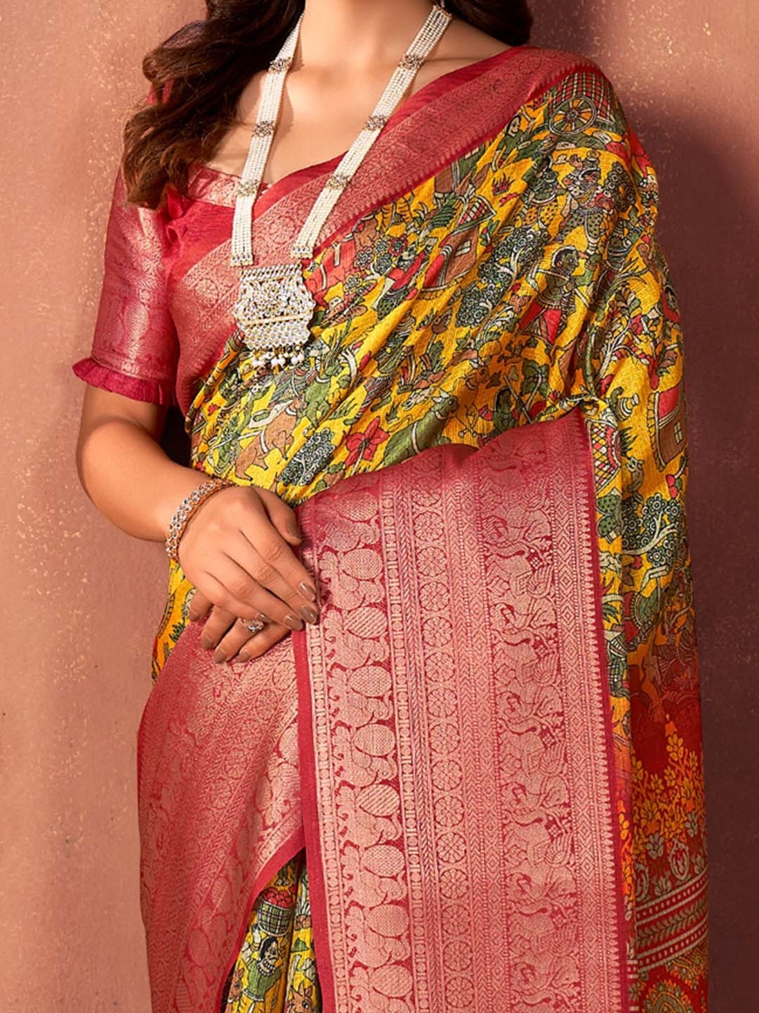 Saree Mall Yellow & Pink Woven Saree With Unstitched Blouse
