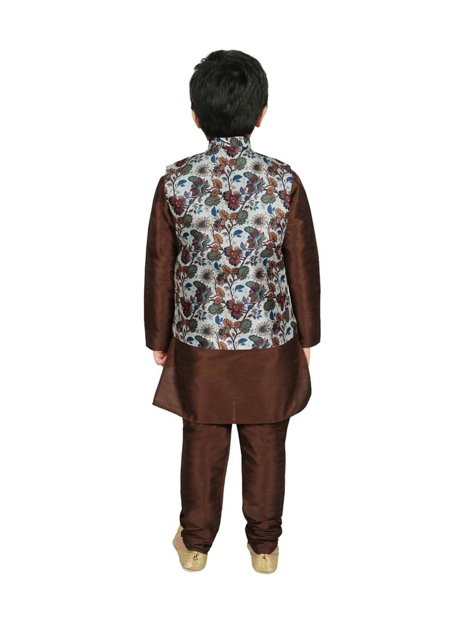 SG Yuvraj Kids White & Brown Floral Print Full Sleeves Kurta Set