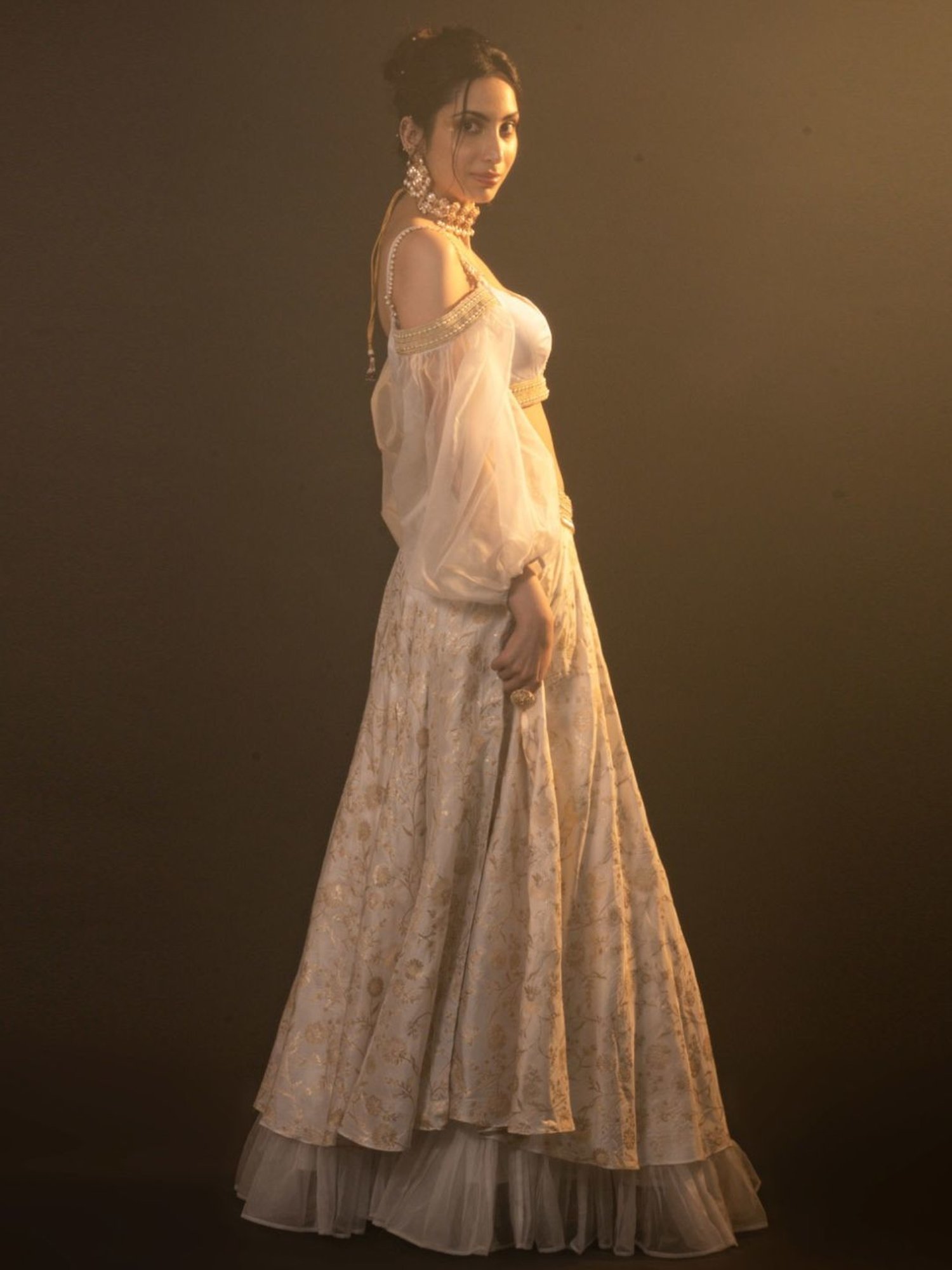 Monk and Mei Soul of Swan White and Gold Diana Brocade Lehenga Set