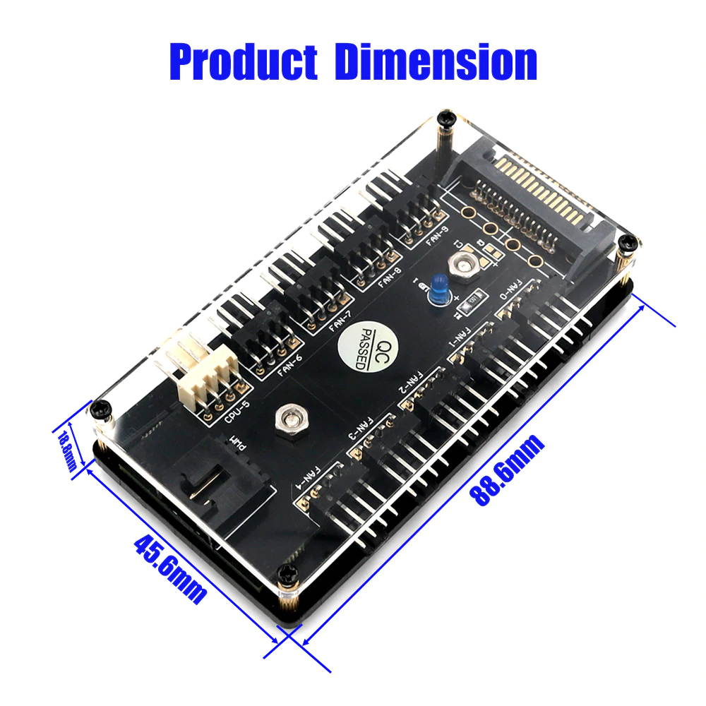 PWM Fan Hub CPU Cooling 10 Way 12V LED 3 / 4Pin Fan Splitter Cable Fan Controller PC with PMMA Case Magnetic Standoff SATA Power