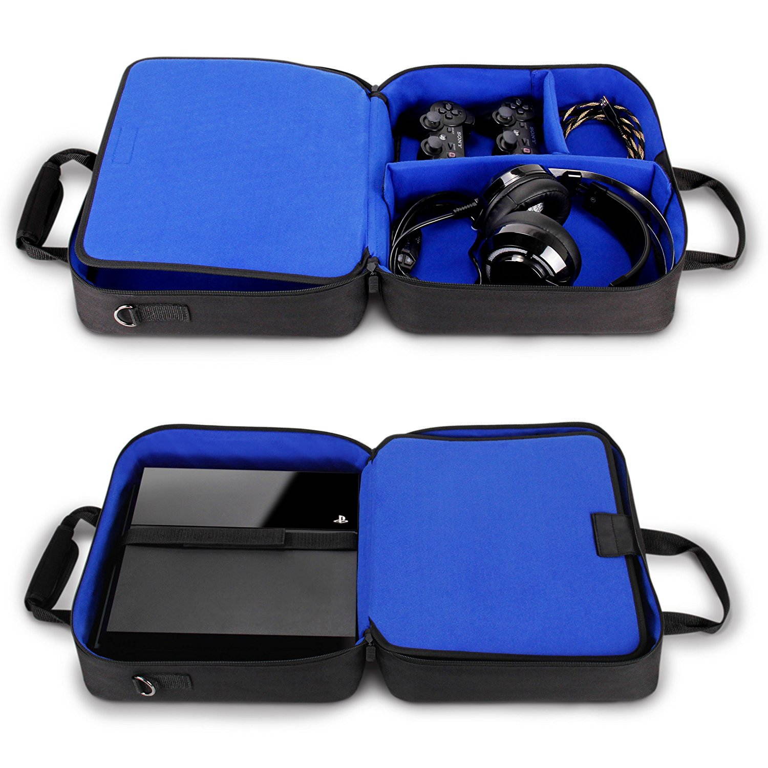 USA GEAR Console Carrying Case Compatible with Playstation 4 / PS4 Slim & PS4 Pro with Accessory Storage for Controllers, Cables, Headsets & Padded Shoulder Strap - Fits All PS4 & PS3 Models - Blue