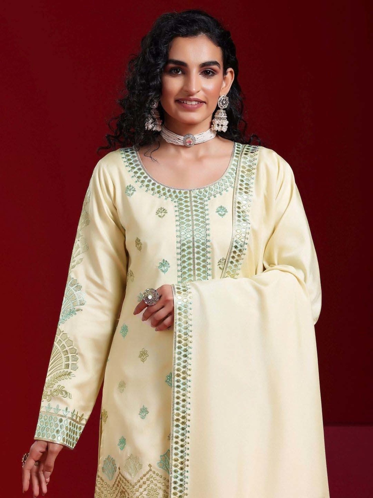 Libas Art Beige Embroidered Kurti Palazzo Set With Dupatta