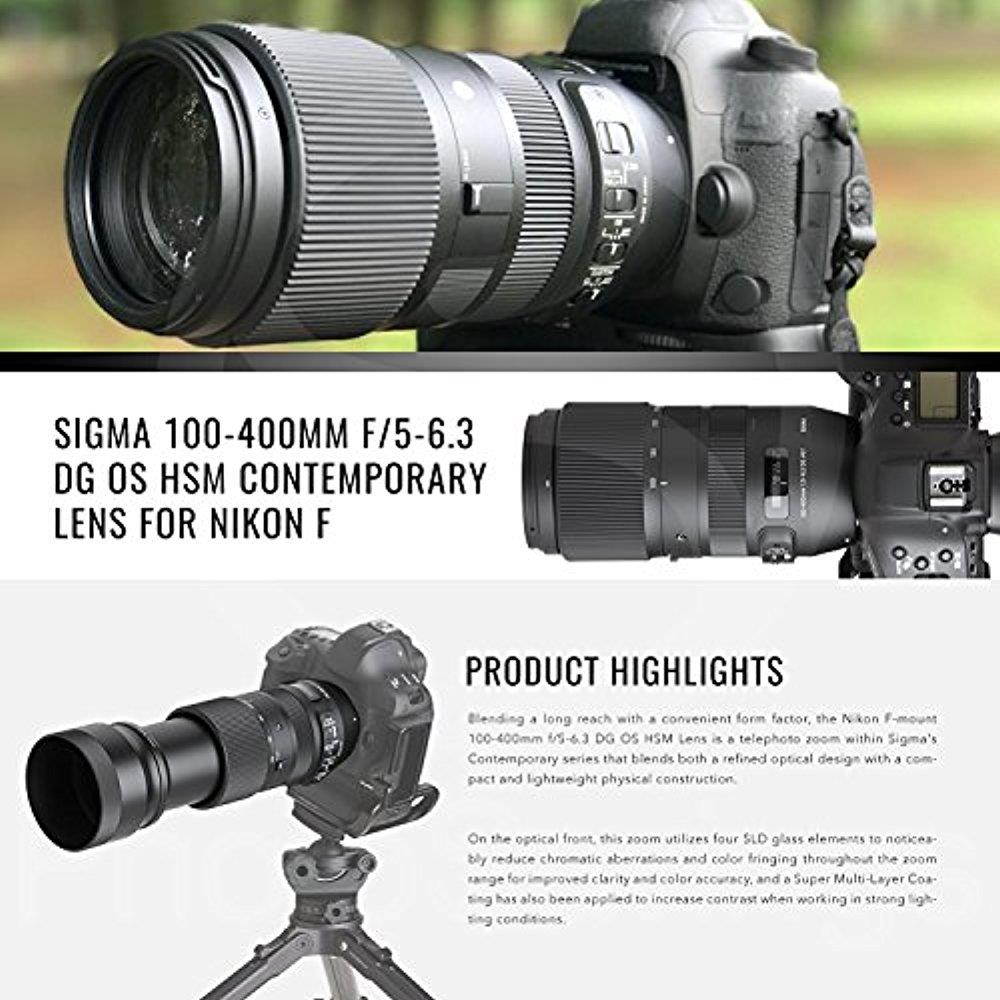 Sigma 100-400mm f/5-6.3 DG OS HSM Contemporary Lens for Nikon F with Xpix Sturdy Tripod, Camera Cleaning Kit, & Deluxe Photo Bundle