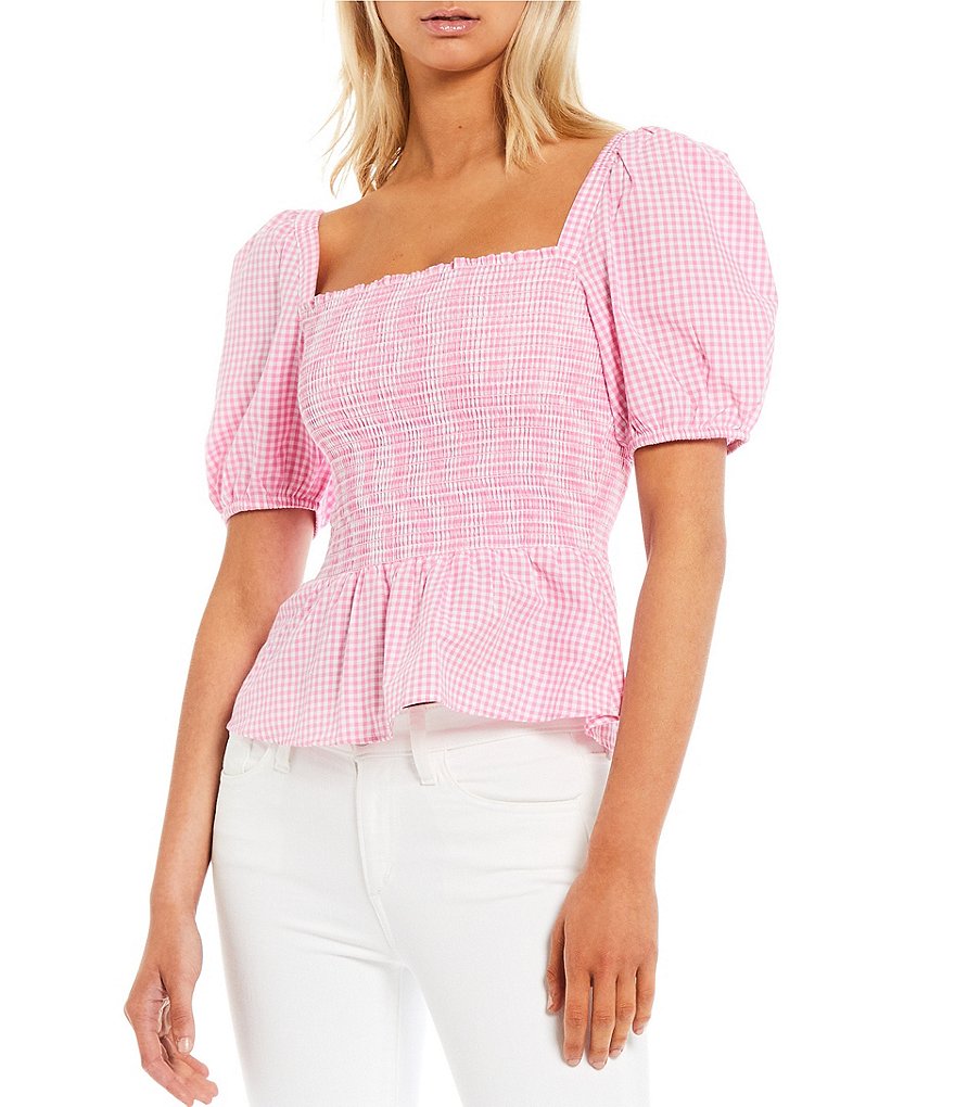 French Connection Artina Gingham Print Puff Sleeve Smocked Peplum Top