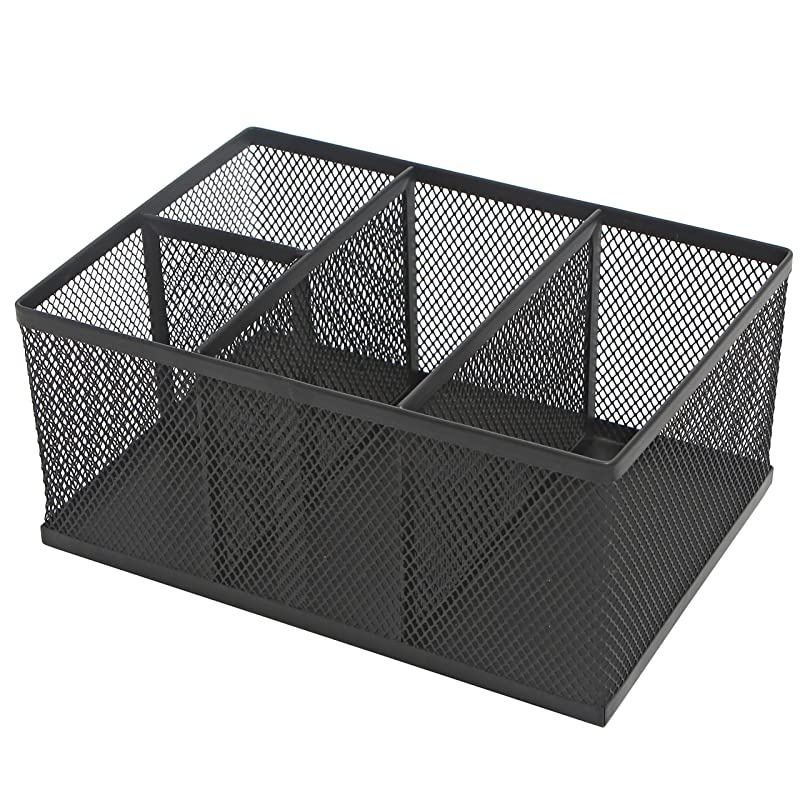 Modern Rectangular Black Metal Mesh 4 Compartment Office Supplies Storage Organizer Caddy Rack