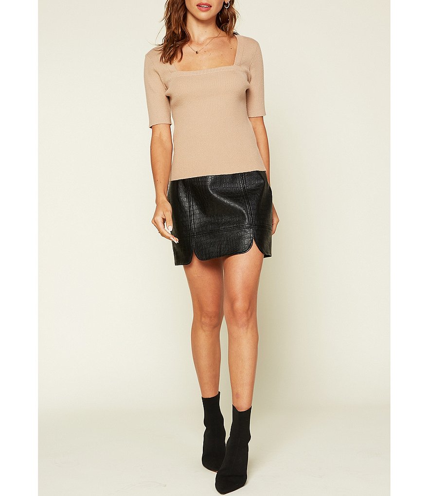 Skies Are Blue Square Neck Short Sleeve Ribbed Sweater Knit Top