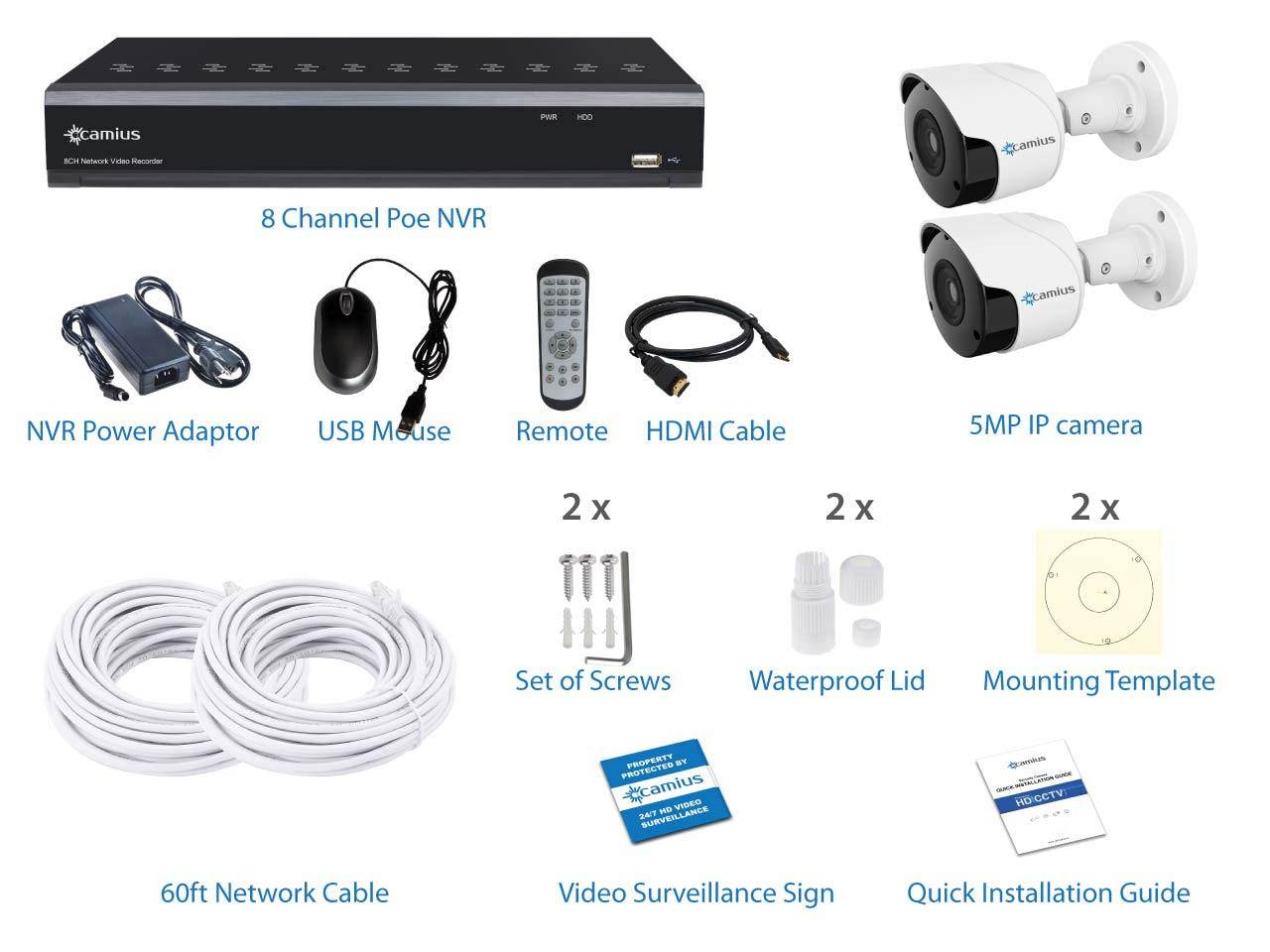 Camius 4K 8 Channel NVR security system with 3TB Hard drive, 2 PoE Wired 5MP Outdoor Audio Video Bullet Cameras - 3.6mm Len, 2592 x 1944, Night Vision - expandable to 8 IP cameras