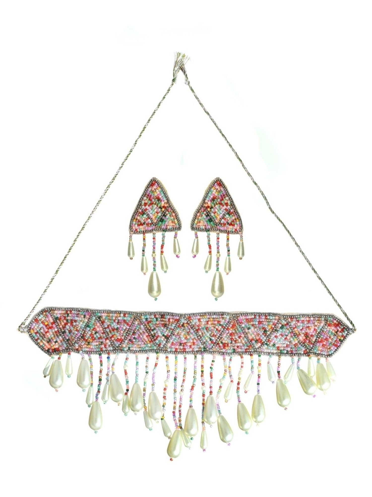 Aatmana Multi Pearl-Studded & Beaded Tasselled Choker Necklace & Earring Set