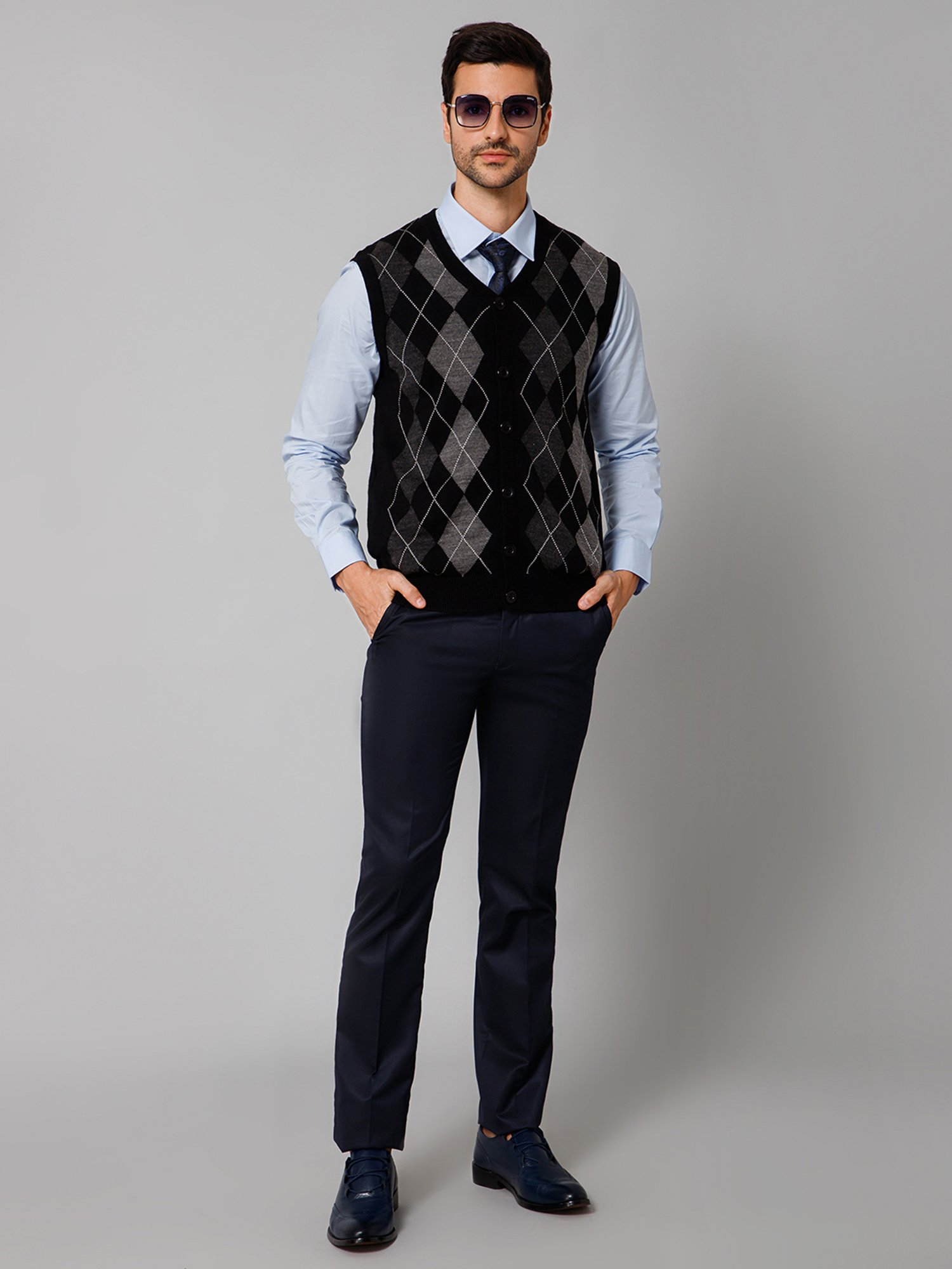 Cantabil Black Regular Fit Argyle Cardigan