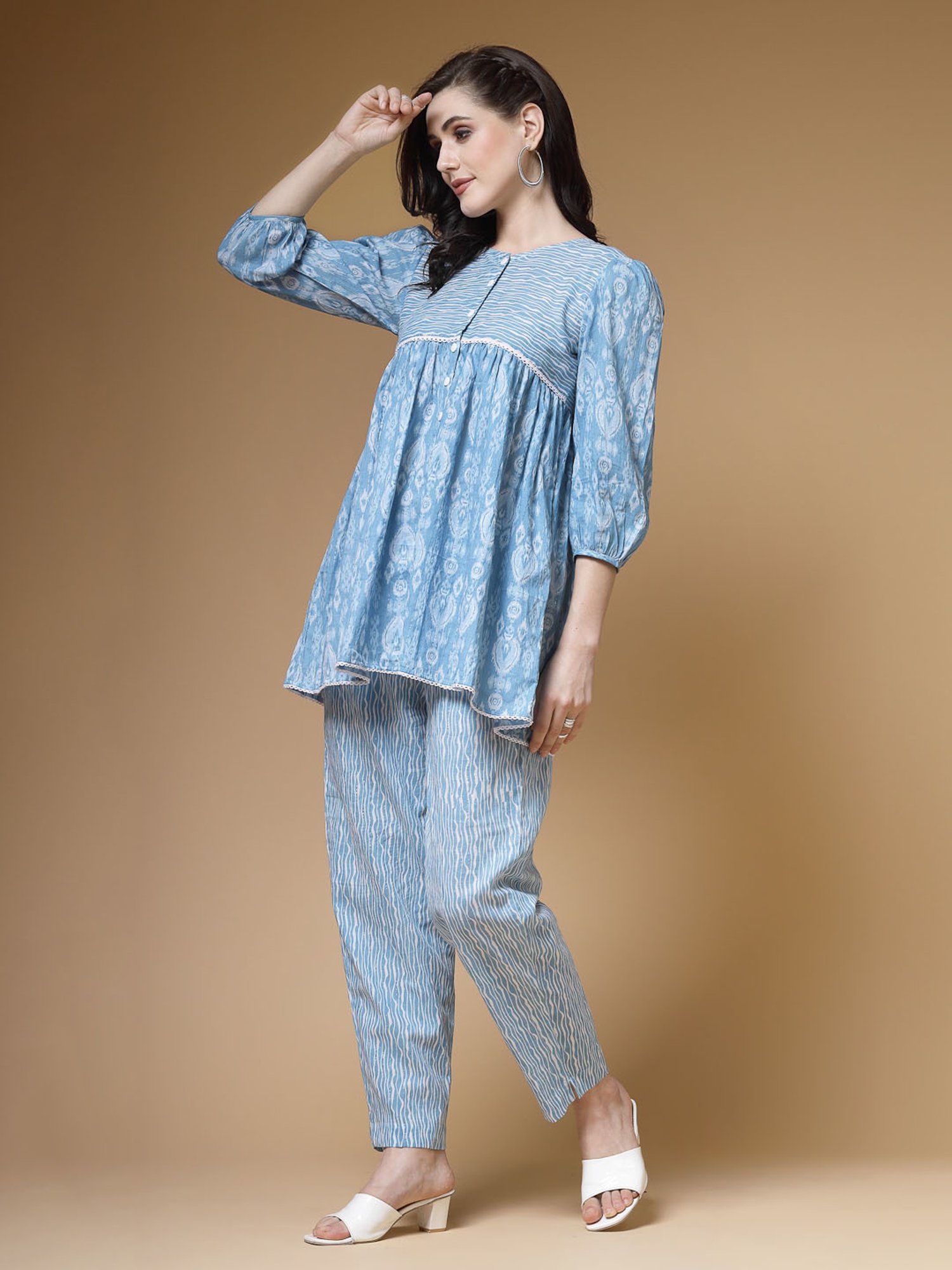 Indibelle Blue Cotton Printed Kurti Pant Set