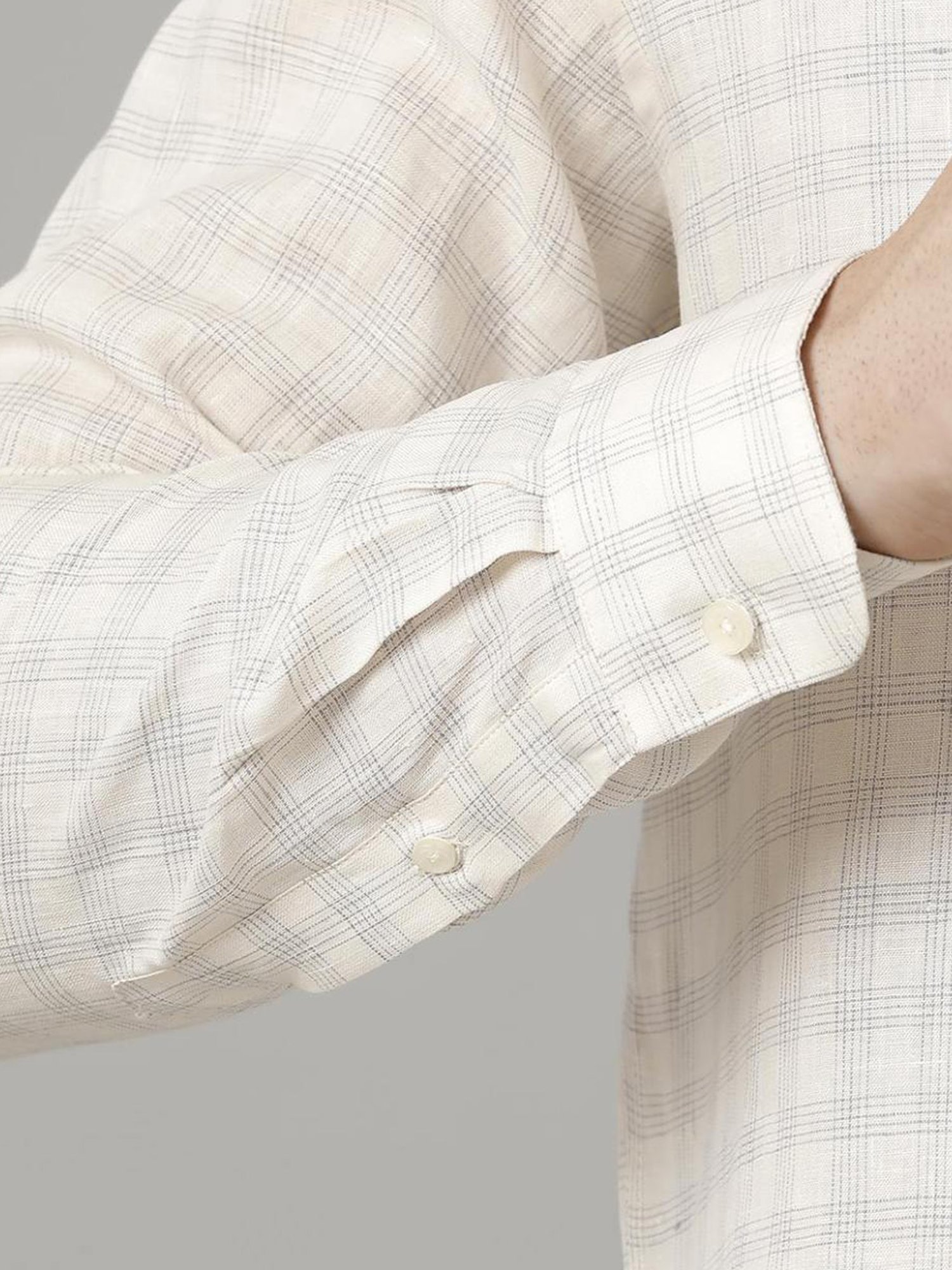Linen Club Beige Linen Contemporary Fit Checks Shirt