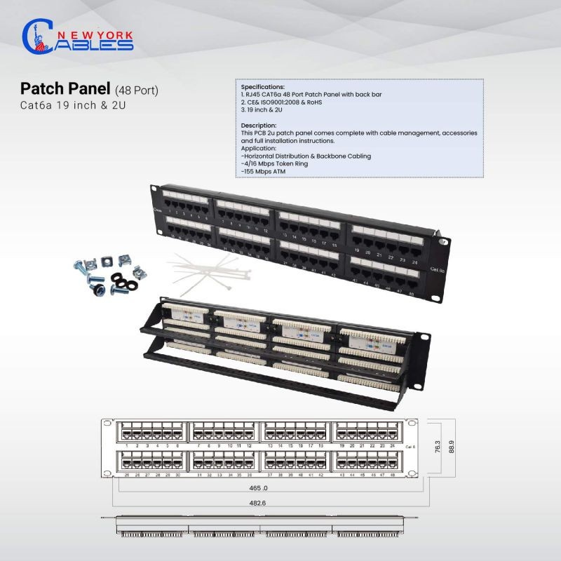 NewYork Cables Heavy-Duty Cat6A Patch Panel 48 Port Rackmount | RJ45 Punch Down Keystone Jacks Panel | Back Bar, Cable Ties, Screws |19 Inch ,2u | Horizontal