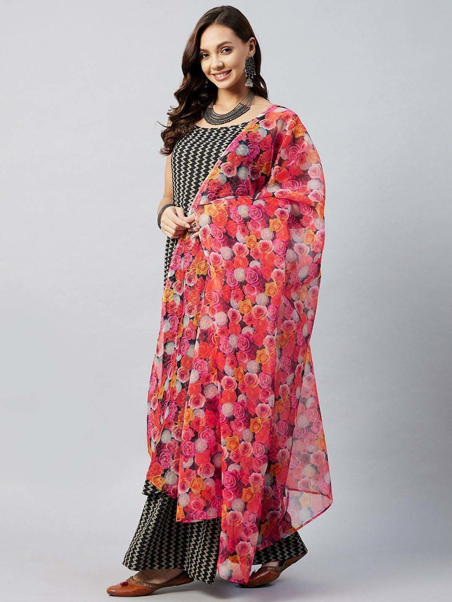 Inweave Pink & Yellow Floral Print Dupatta