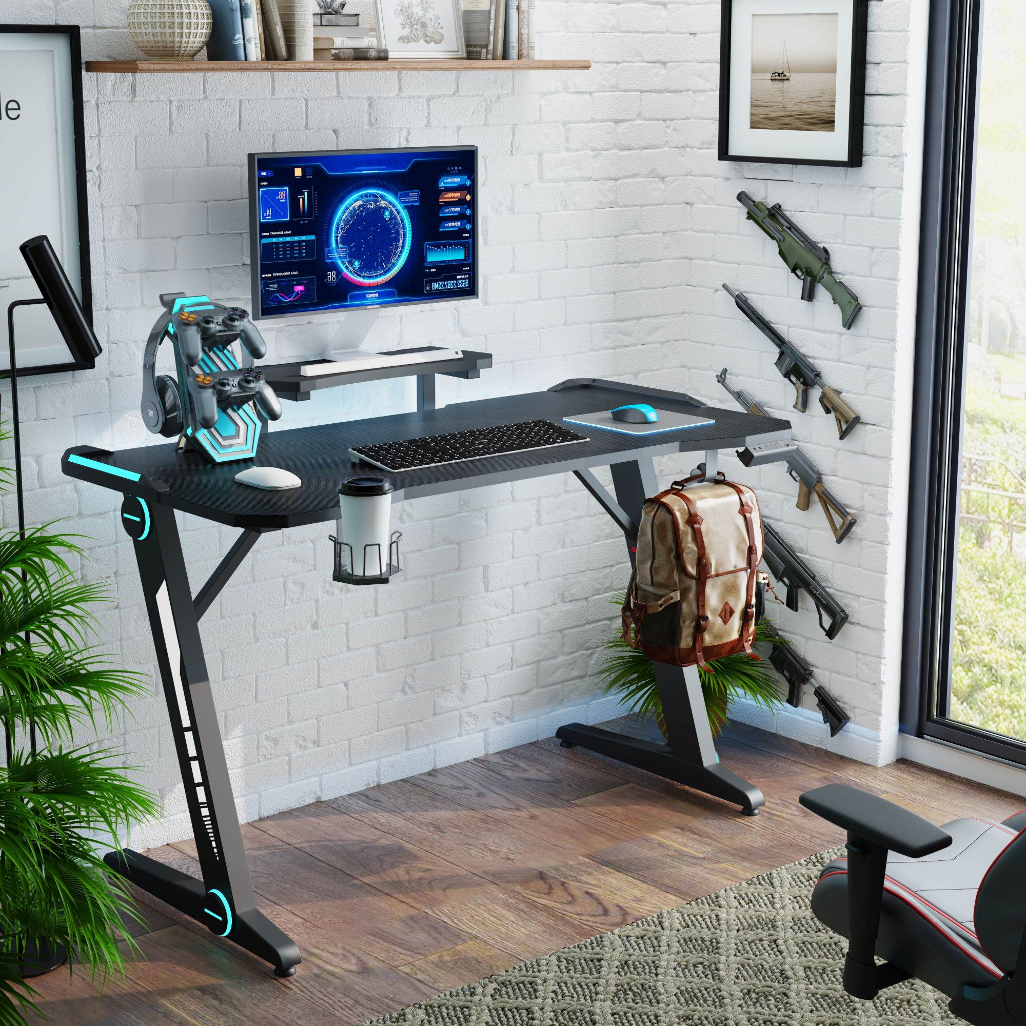 UHOMEPRO Gaming Desk, Premium Home Office PC Computer Table for Gamer Pro, Black Gaming Desks Workstation with RGB LED Lights, Cup Holder, Monitor riser, Headphone Hook, and 1 Cable Management Holes