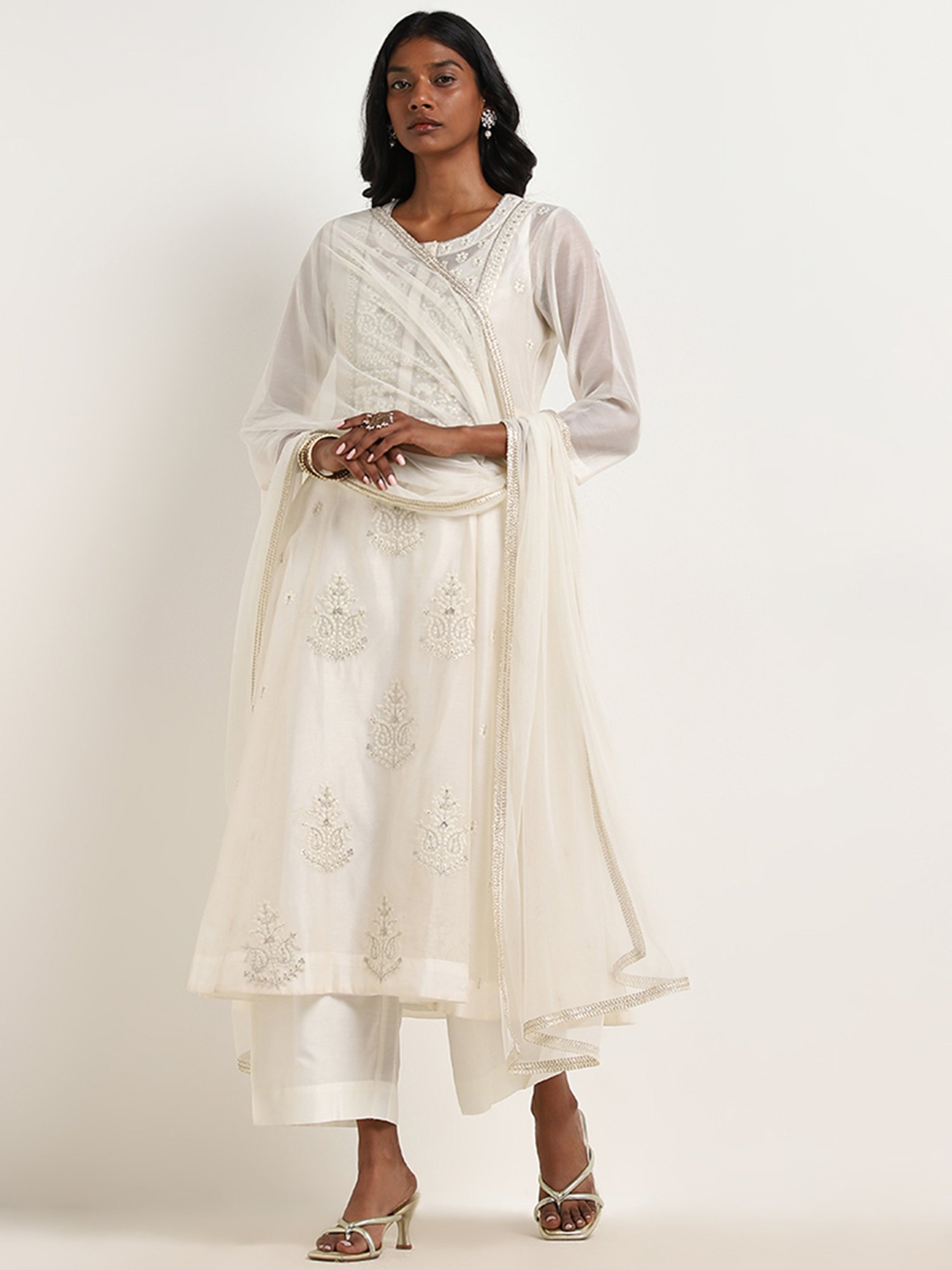 Vark by Westside White Embroidered A-Line Kurta, Pants & Dupatta Set