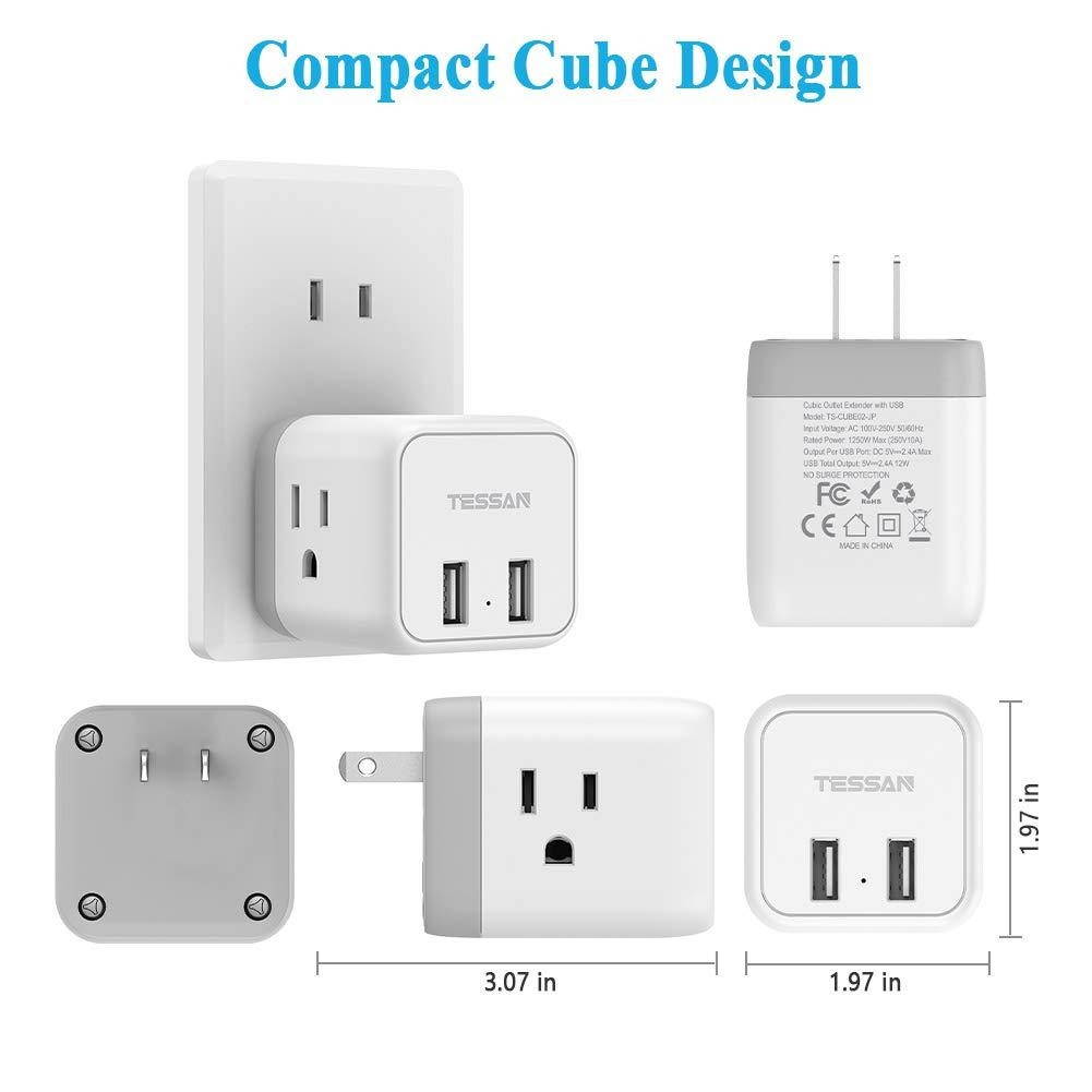 3 Prong to 2 Prong Adapter, TESSAN 3 Outlets with 2 USB Wall Charger, Multi Plug Outlet Extender Splitter, Travel Power Adapter Plug for US to Japan Canada Mexico Philippines - Type A