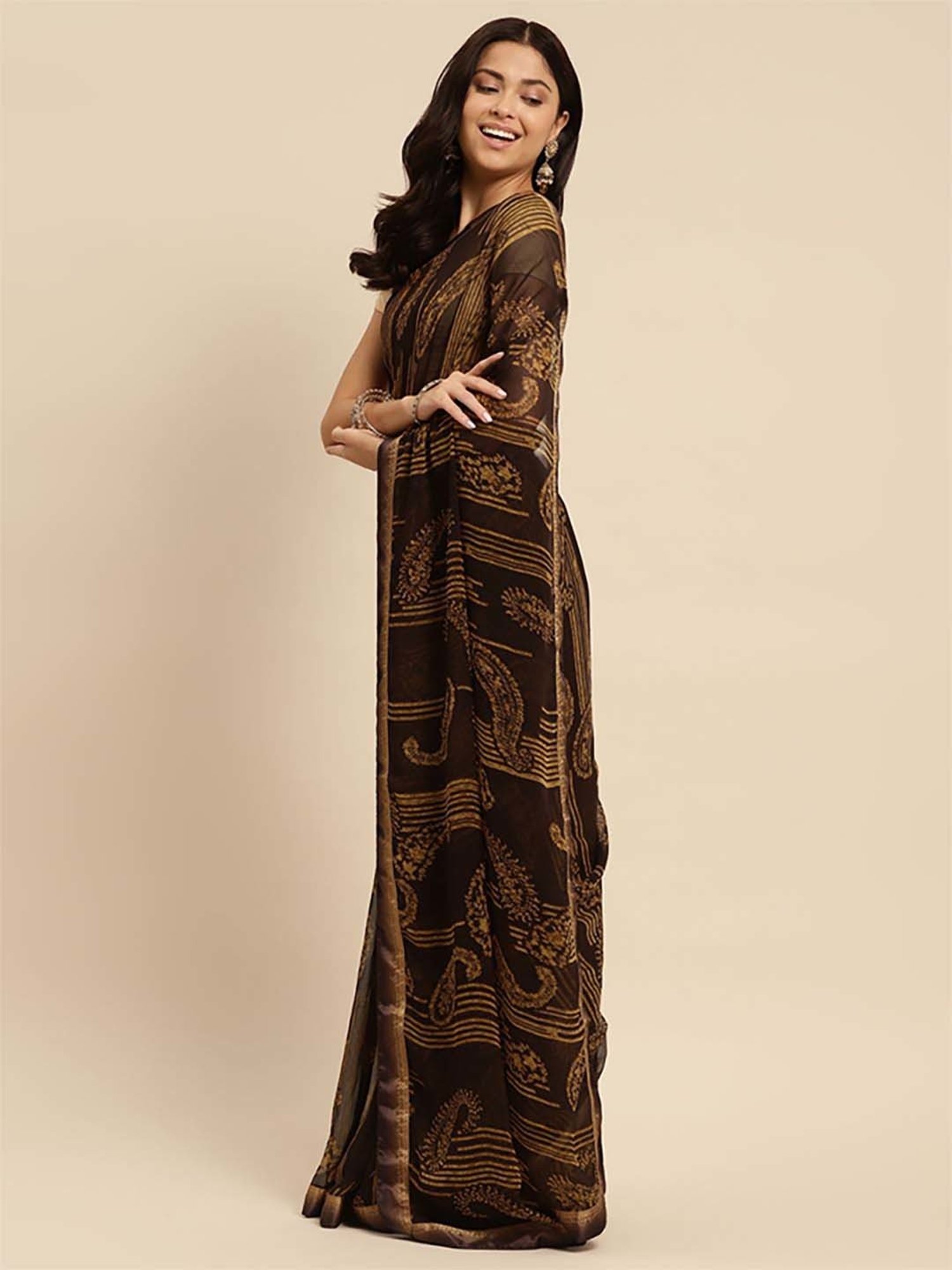 Rangita Brown Paisley Print Saree With Unstitched Blouse