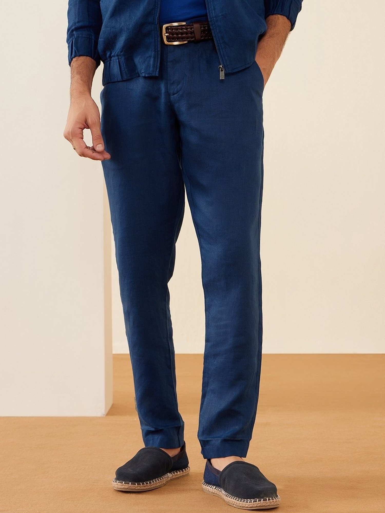 Andamen Navy Linen Regular Fit Solid Trousers