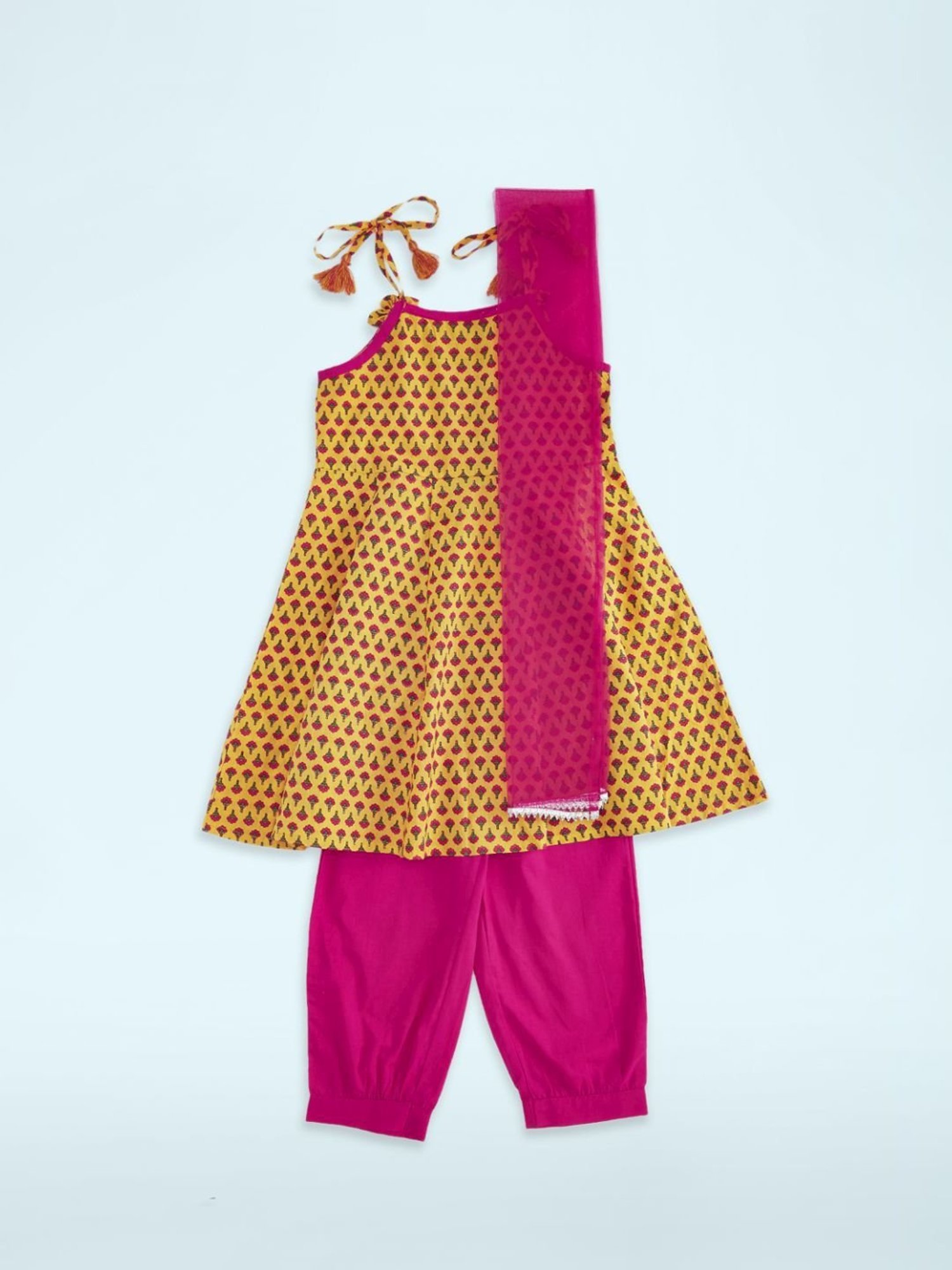 Akkriti by Pantaloons Kids Mustard & Pink Cotton Floral Print Kurta Set