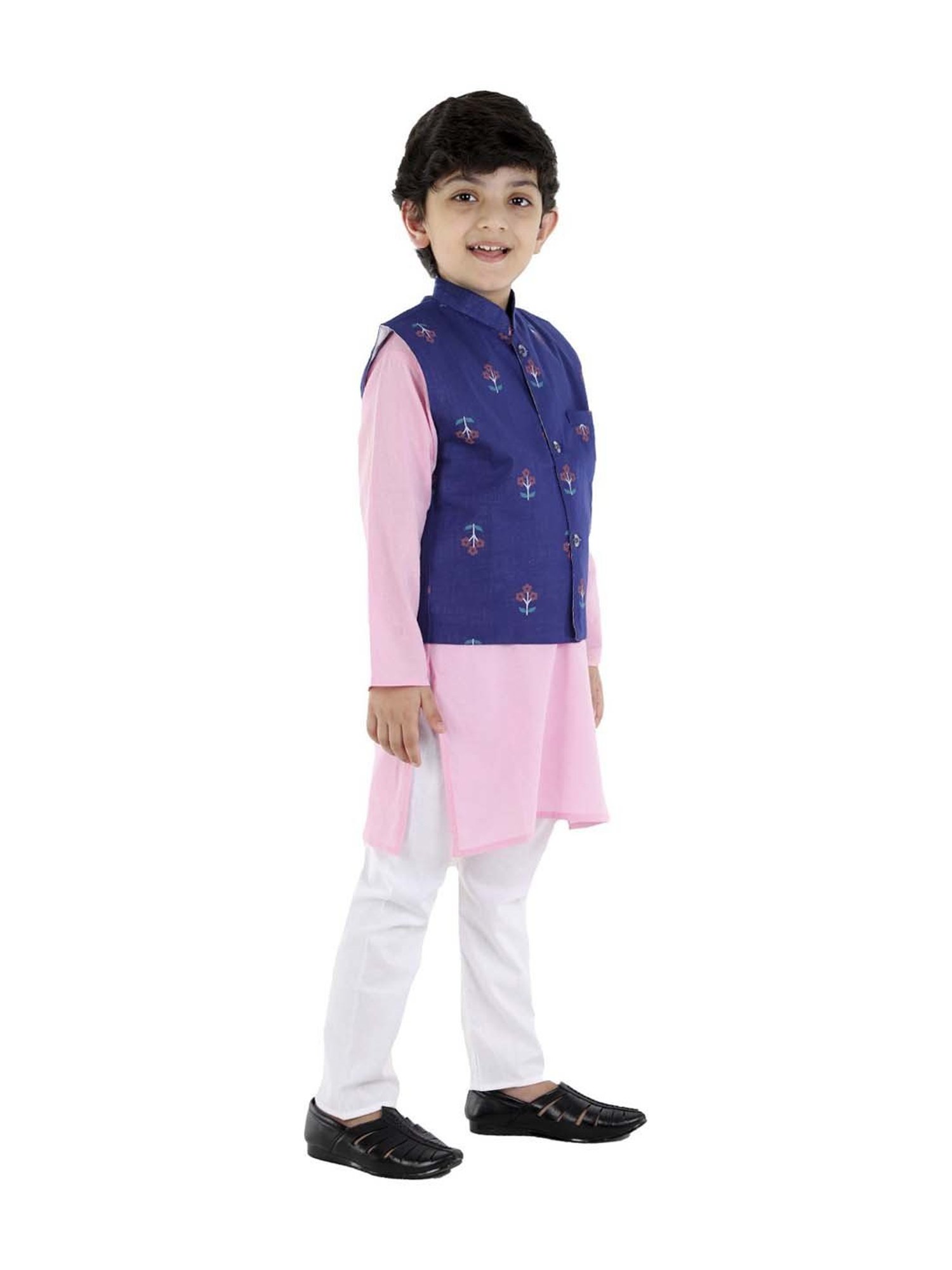 Ahhaaaa Kids Blue & Pink Cotton Floral Print Kurta Set