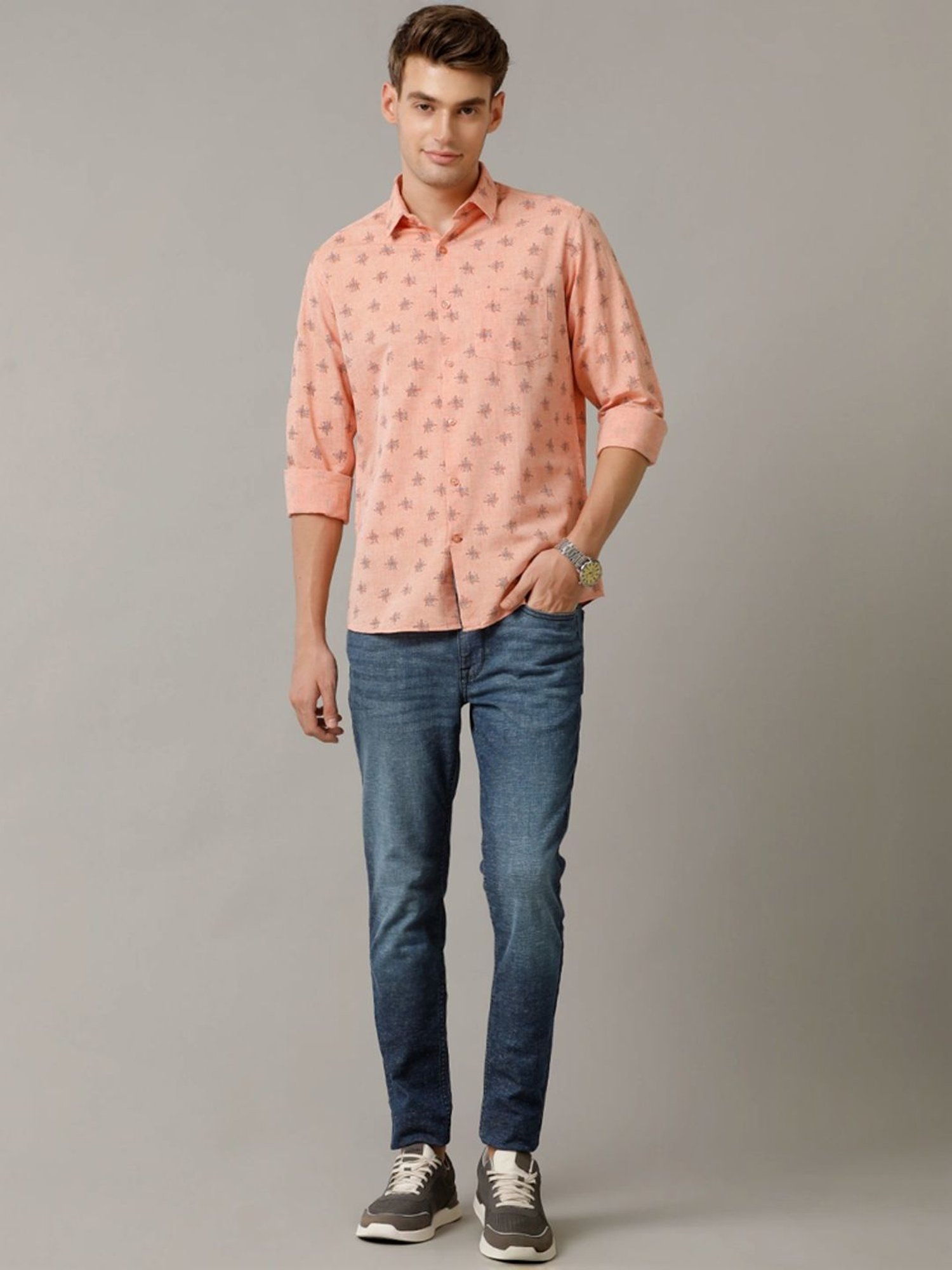 Cavallo By Linen Club Orange Linen Contemporary Fit Printed Shirt