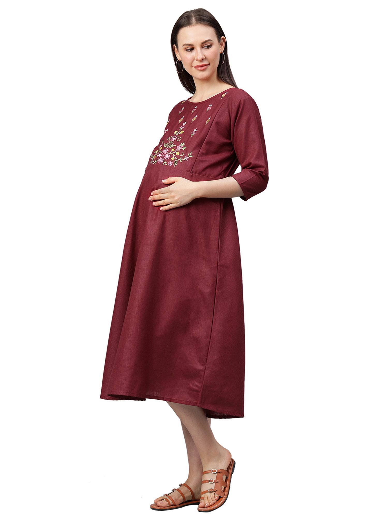 MomToBe Maroon Embroidered Maternity Kurta