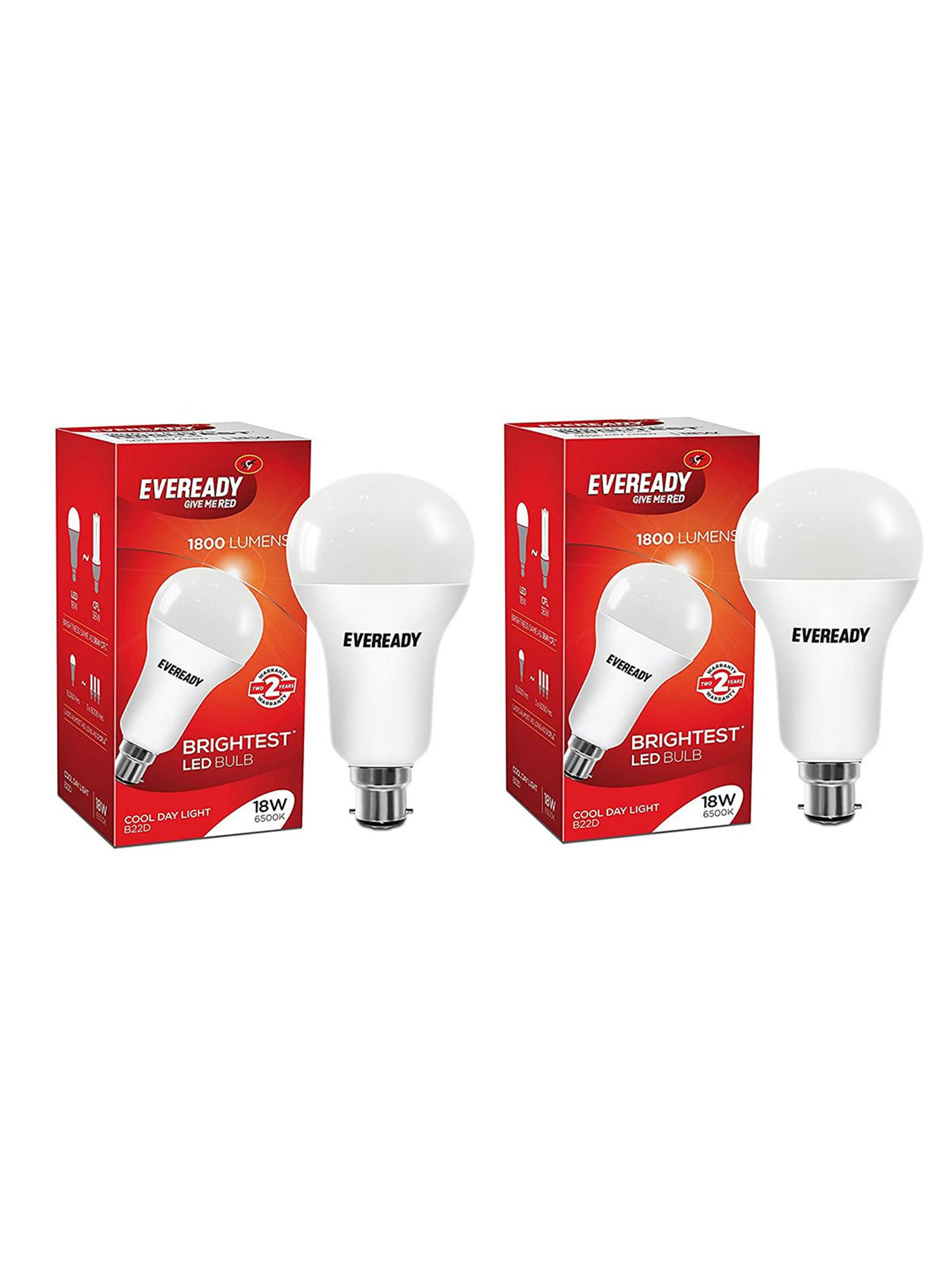 Eveready B22D 18W LED Bulb - Pack of 2 (3B65PB00018, White)