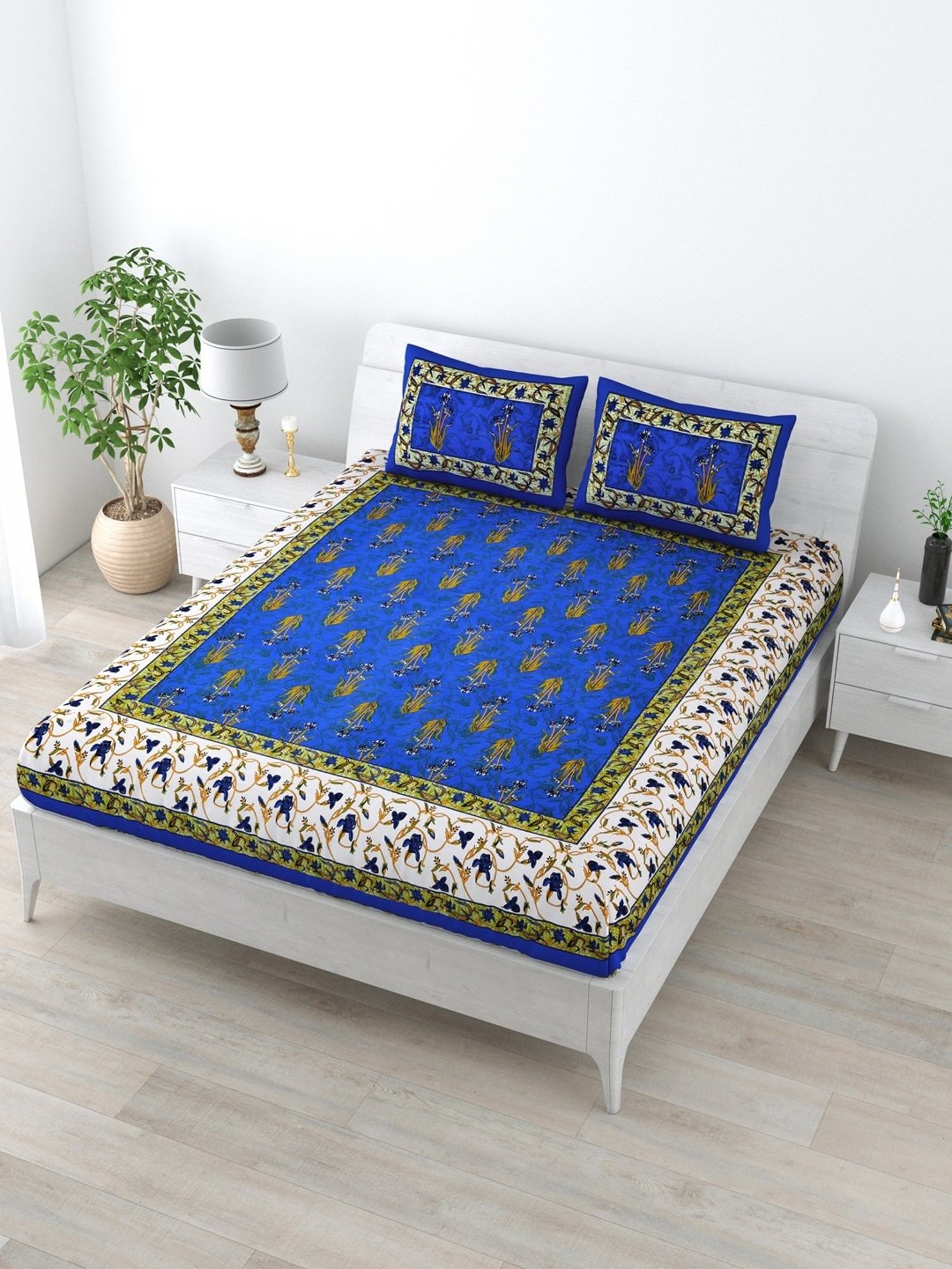 Living Roots Jaipuri Dark Blue 210 TC Cotton Queen Bed Sheet with 2 Pillow Covers