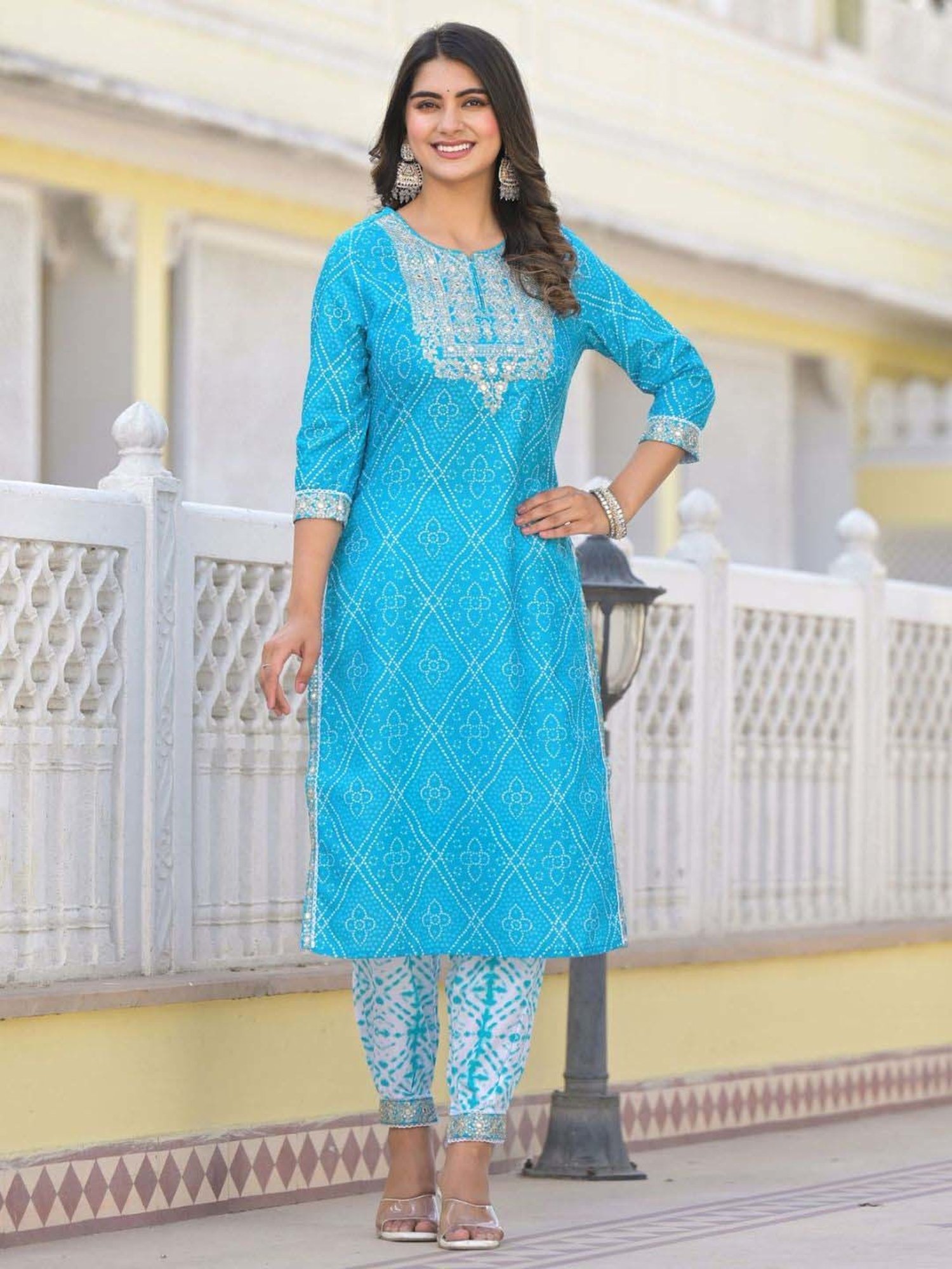 Odette Blue Embroidered Kurta & Salwar Set with Dupatta