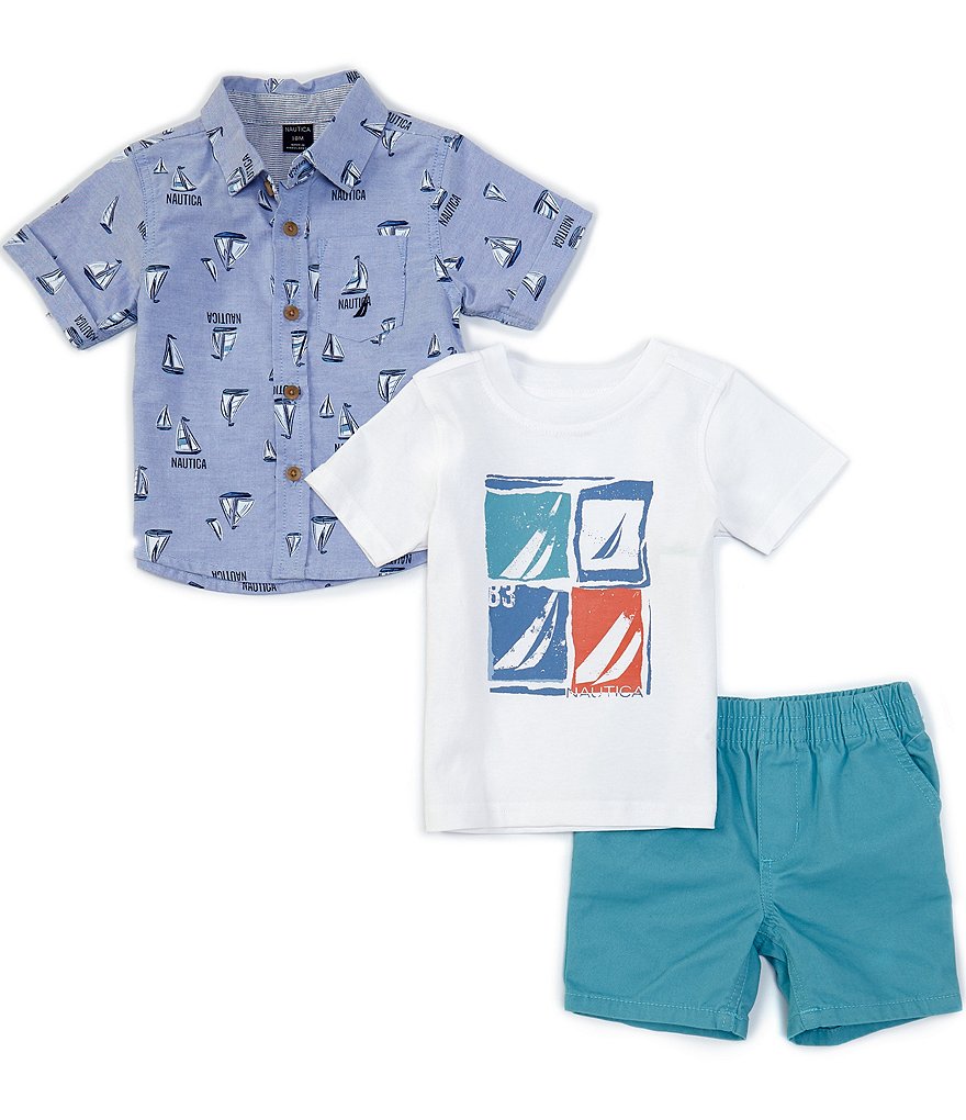 Nautica Baby Boys 12-24 Months Short-Sleeve Sailboat-Print Oxford Shirt, Short-Sleeve Graphic Tee & Shorts Set
