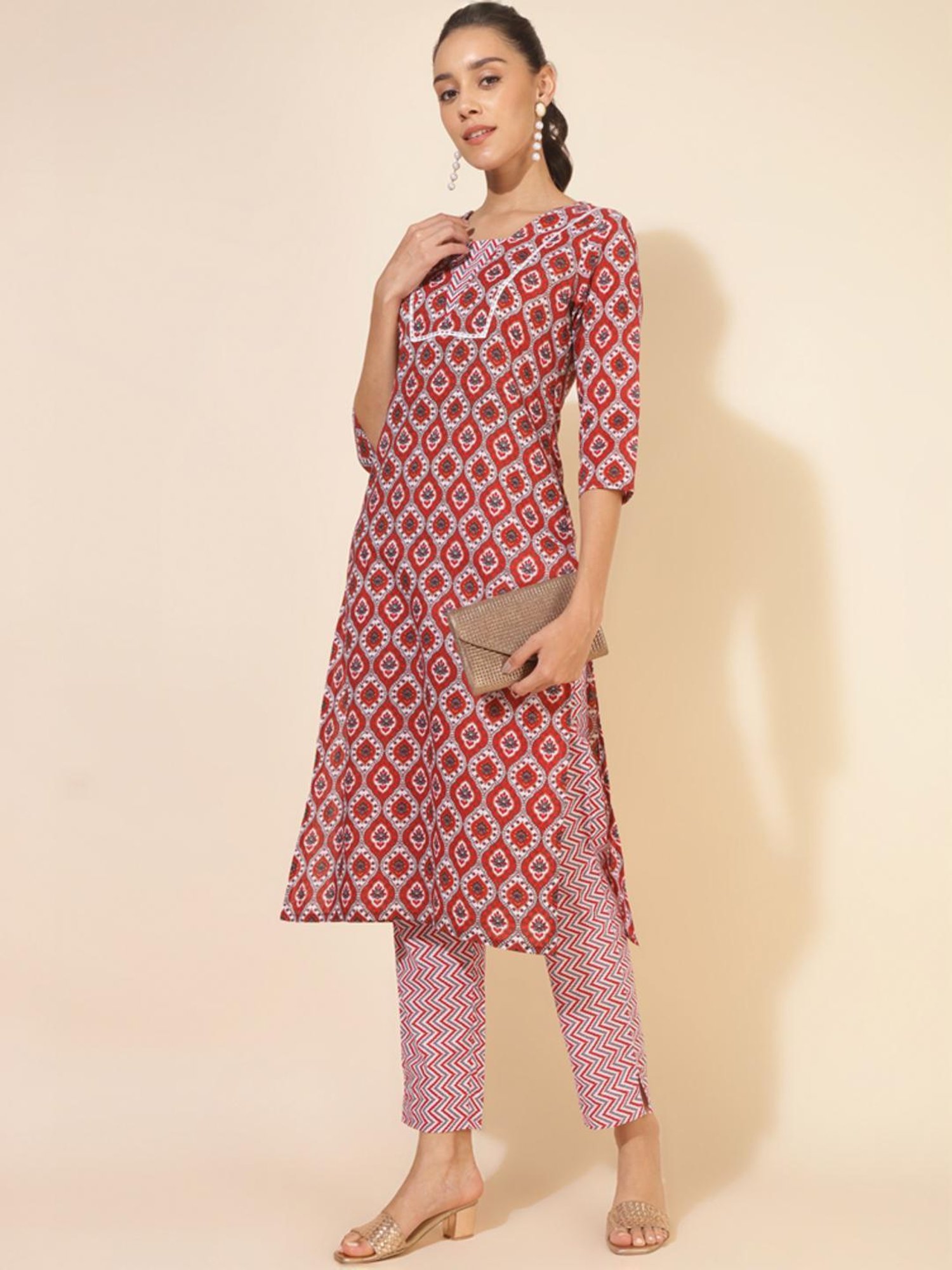 Janasya Red Cotton Printed Kurta Pant Set