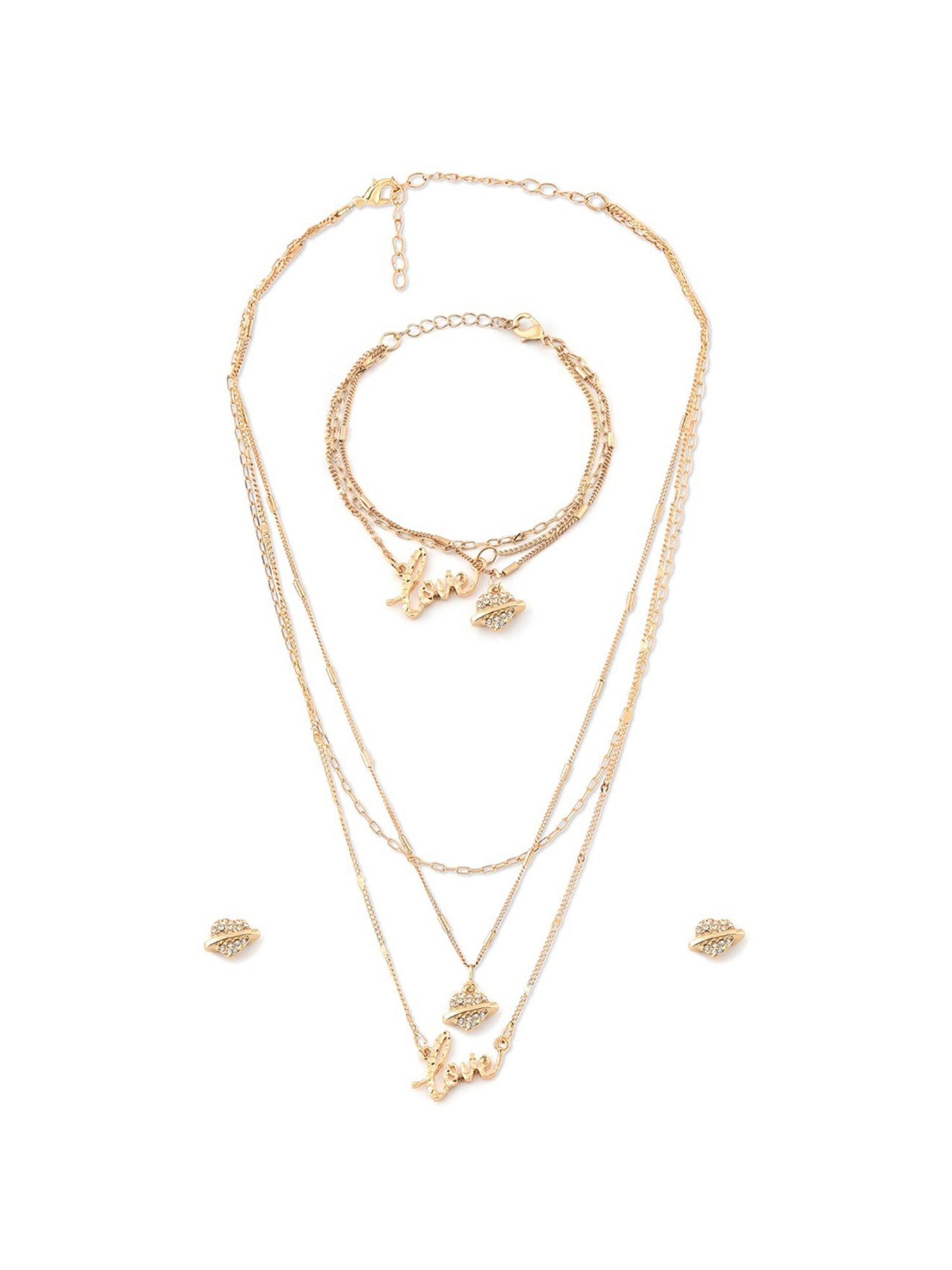 Zaveri Pearls Gold Tone 3 Layers Love Heart Charm Necklace Chain Earring Bracelet Set-ZPFK12077