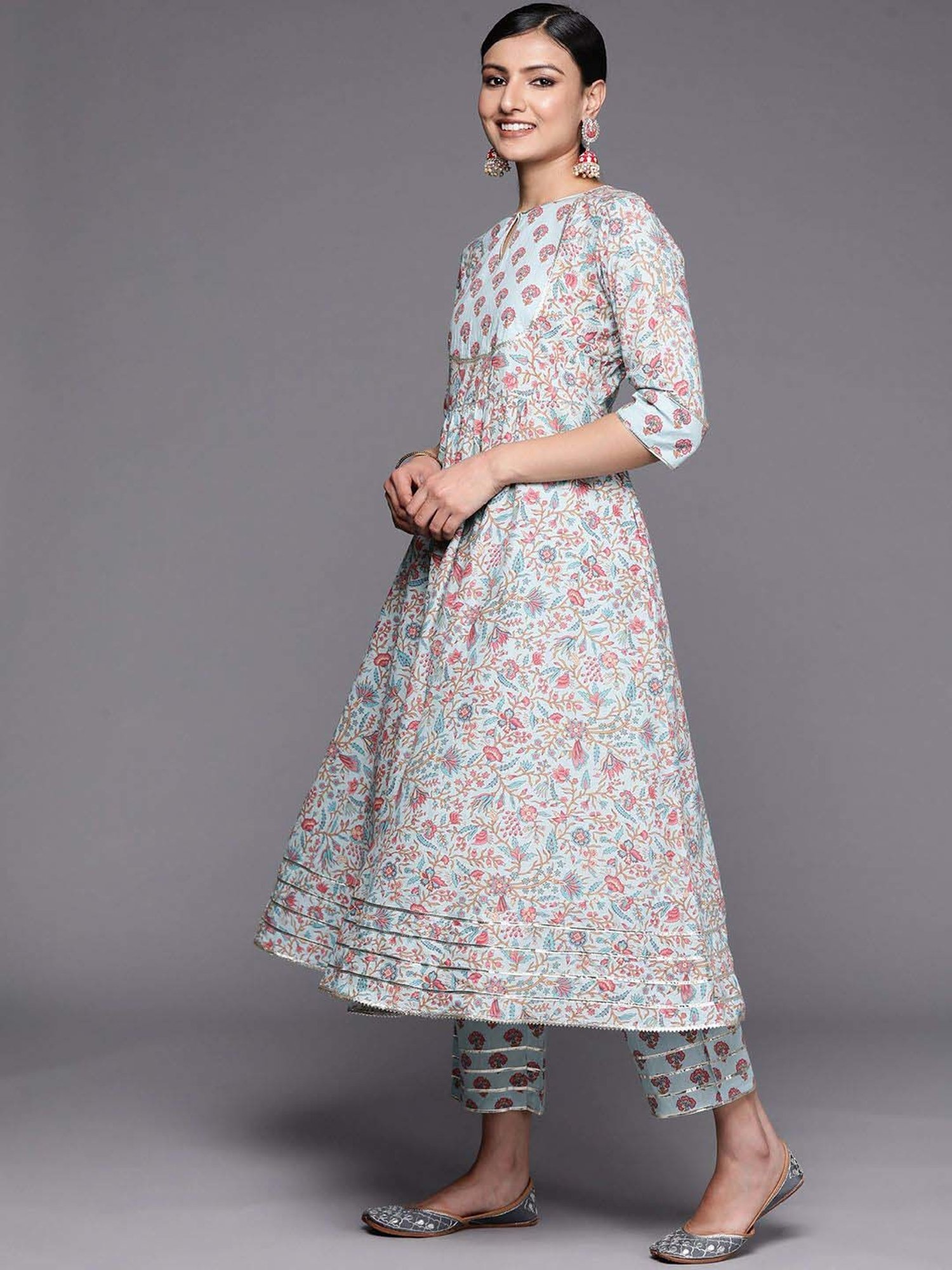 Libas Blue Cotton Printed Kurta Pant Set With Dupatta