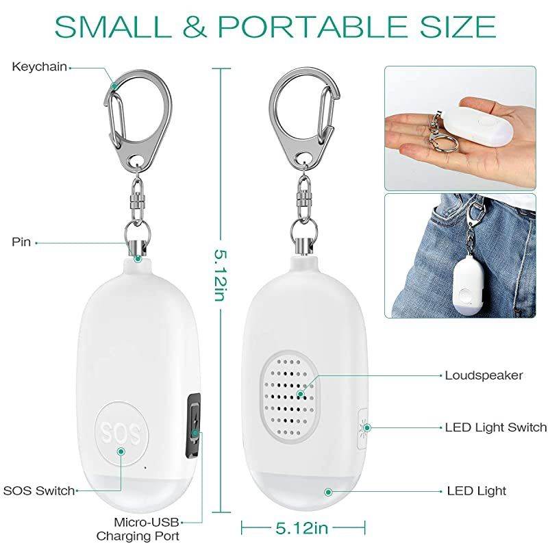 Safe Sound Personal Alarm, Personal Security Alarm Keychain, 130dB Emergency Alarm with LED Light, Supports USB Charging for Women, Children, Elderly, White, 2-Pack
