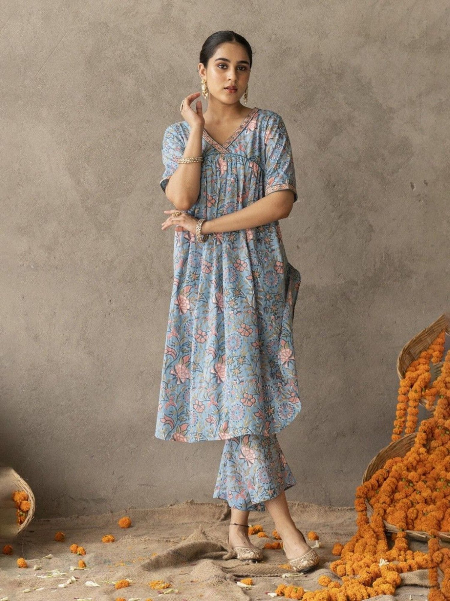 Akiso Reet Blue Block Printed A Line Kurta With Hand Embroidery Details
