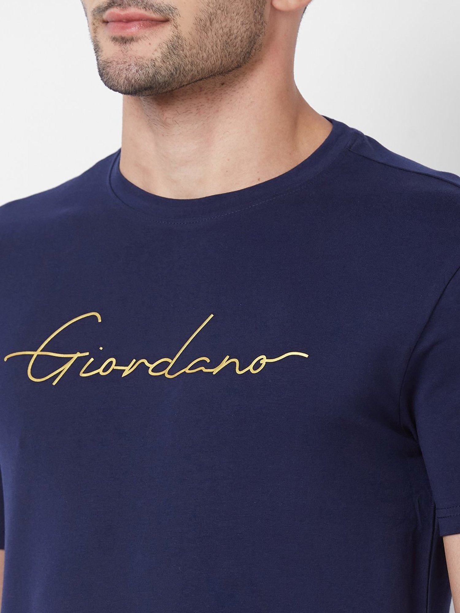 Giordano Navy Cotton Slim Fit Printed T-Shirt
