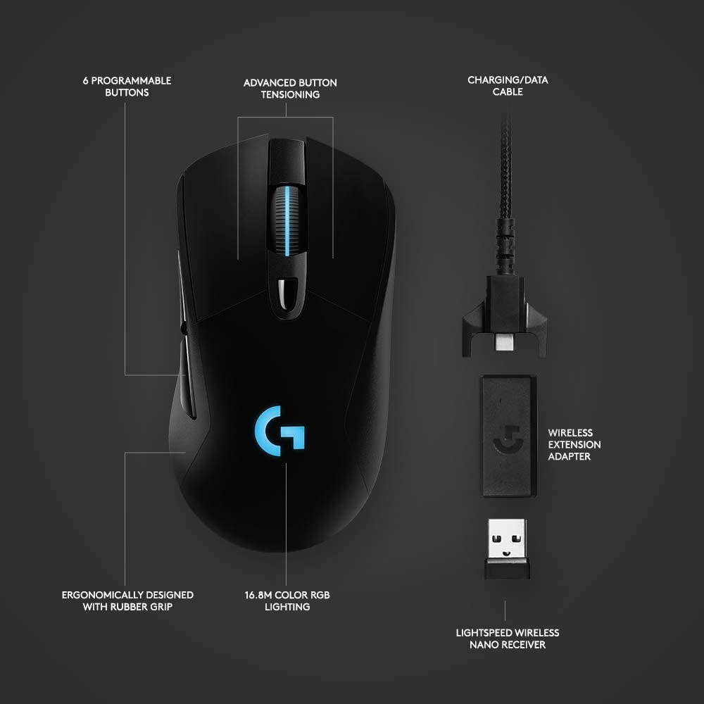 Logitech G703 Lightspeed Wireless Gaming Mouse W/Hero 25K Sensor PowerPlay Compatible Lightsync RGB Lightweight 95G+10G Optional 100-25 600 DPI Rubber Side Grips - Black