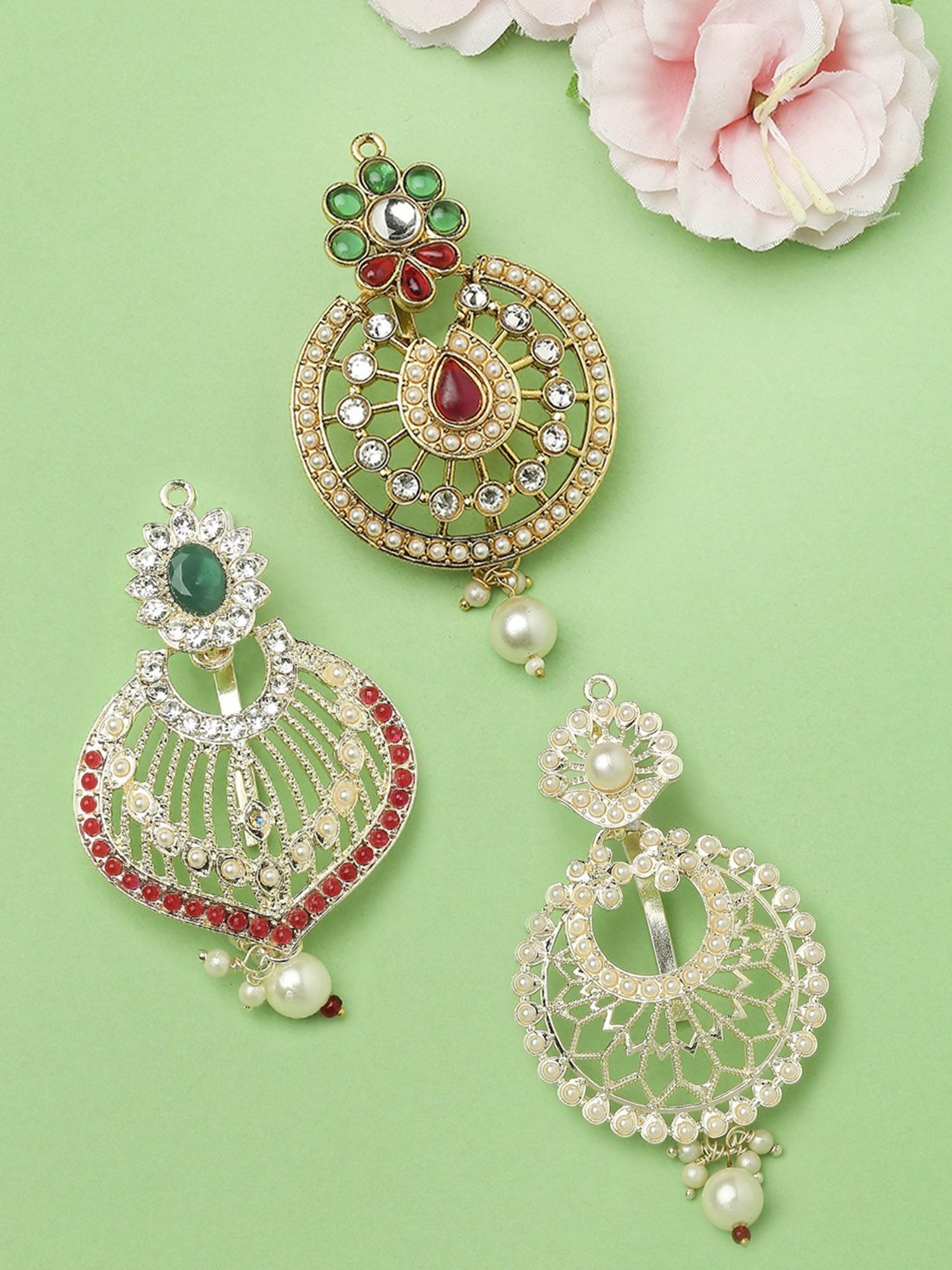 OOMPH Combo of 3 Maroon Green Stones & Pearls Hair Bun Pin Juda Pin Ethnic Chandbali Style