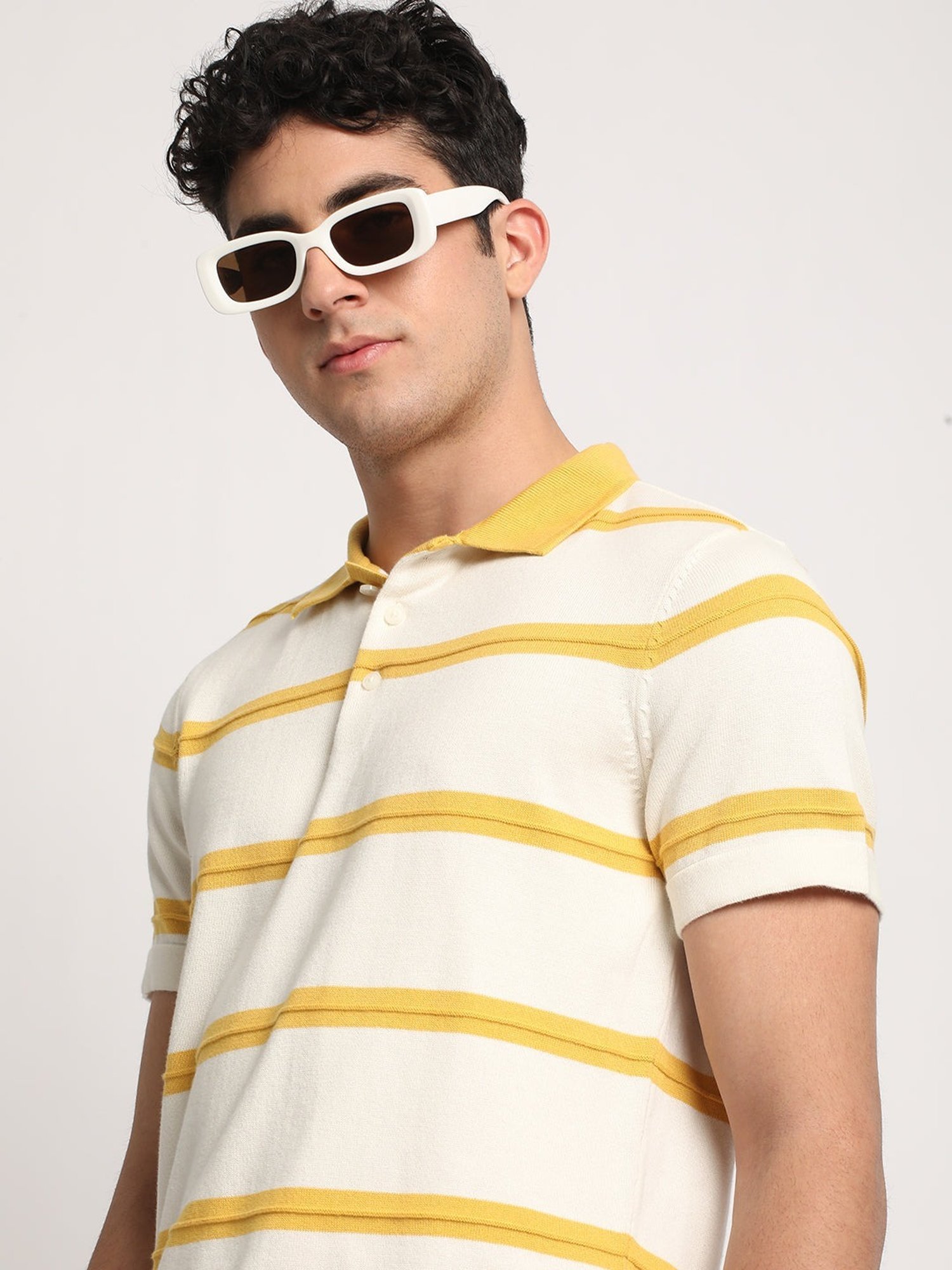 The Bear House Cream Cotton Regular Fit Striped Polo T-Shirt