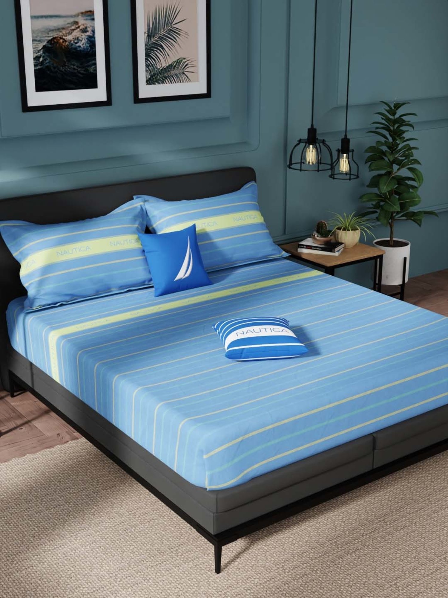 Nautica Northsail Sky Blue 150 TC Cotton King Bedsheet with 2 Pillow Covers